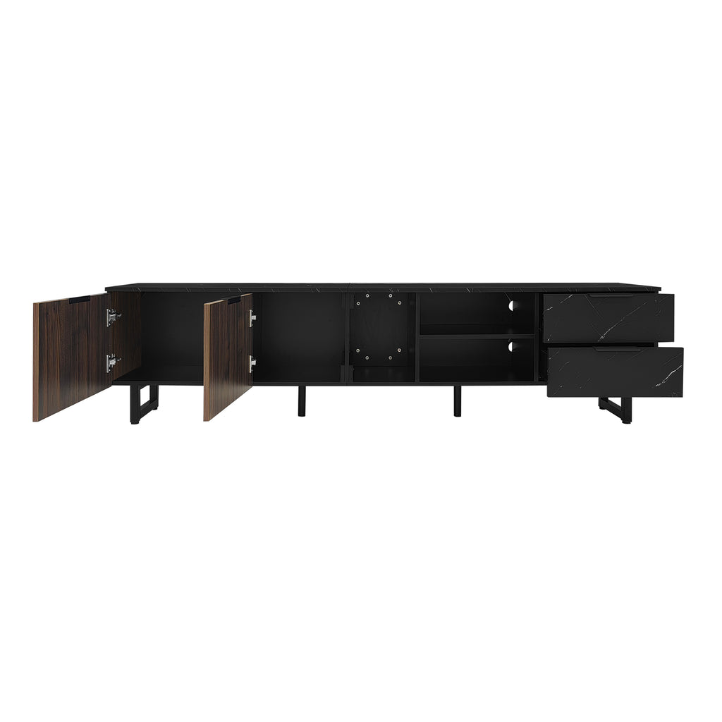 [variant:GA0010N] LED TV Stand with 2 Doors and 2 Drawers – Black Marble and Wood Grain image 6