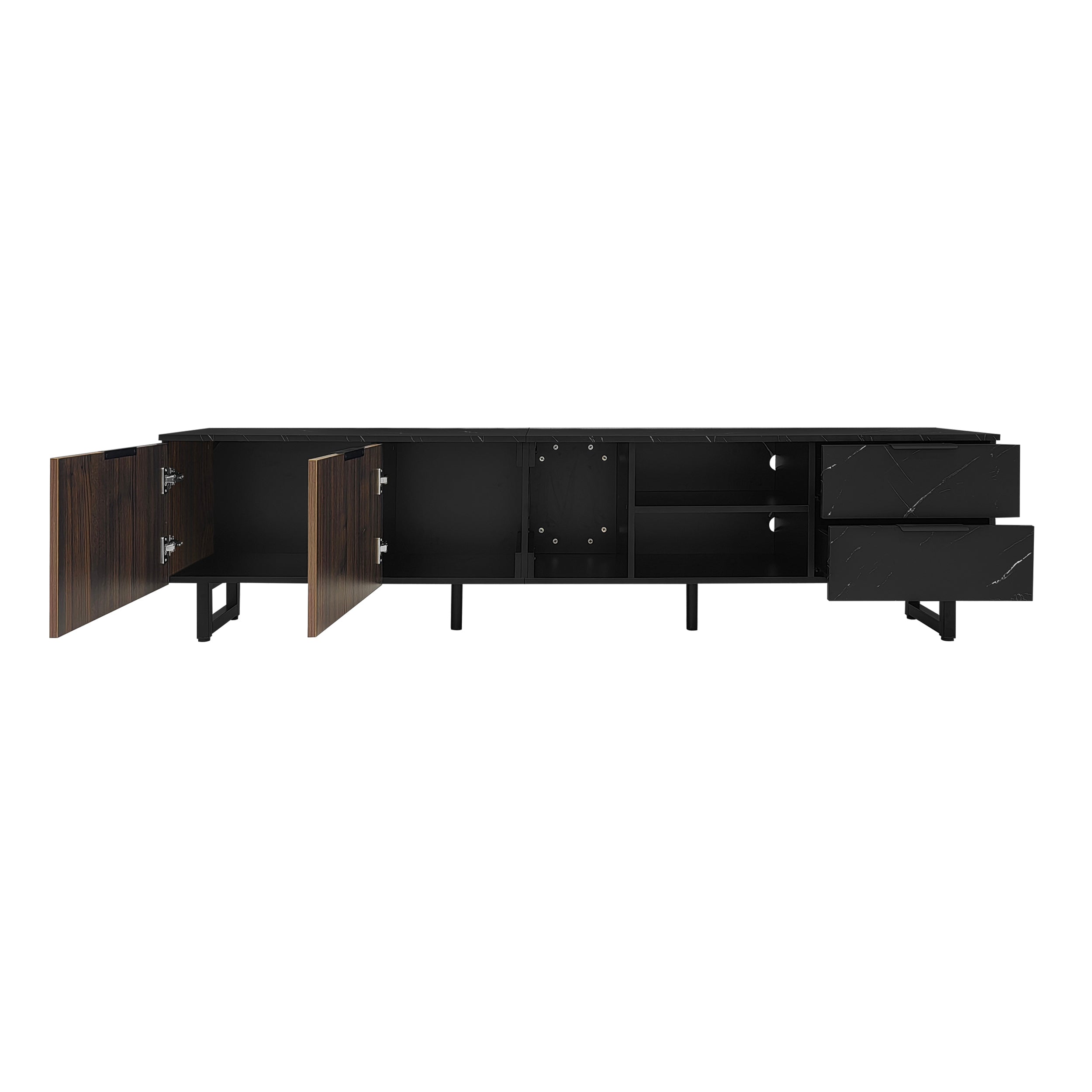 [variant:GA0010N] LED TV Stand with 2 Doors and 2 Drawers – Black Marble and Wood Grain image 6