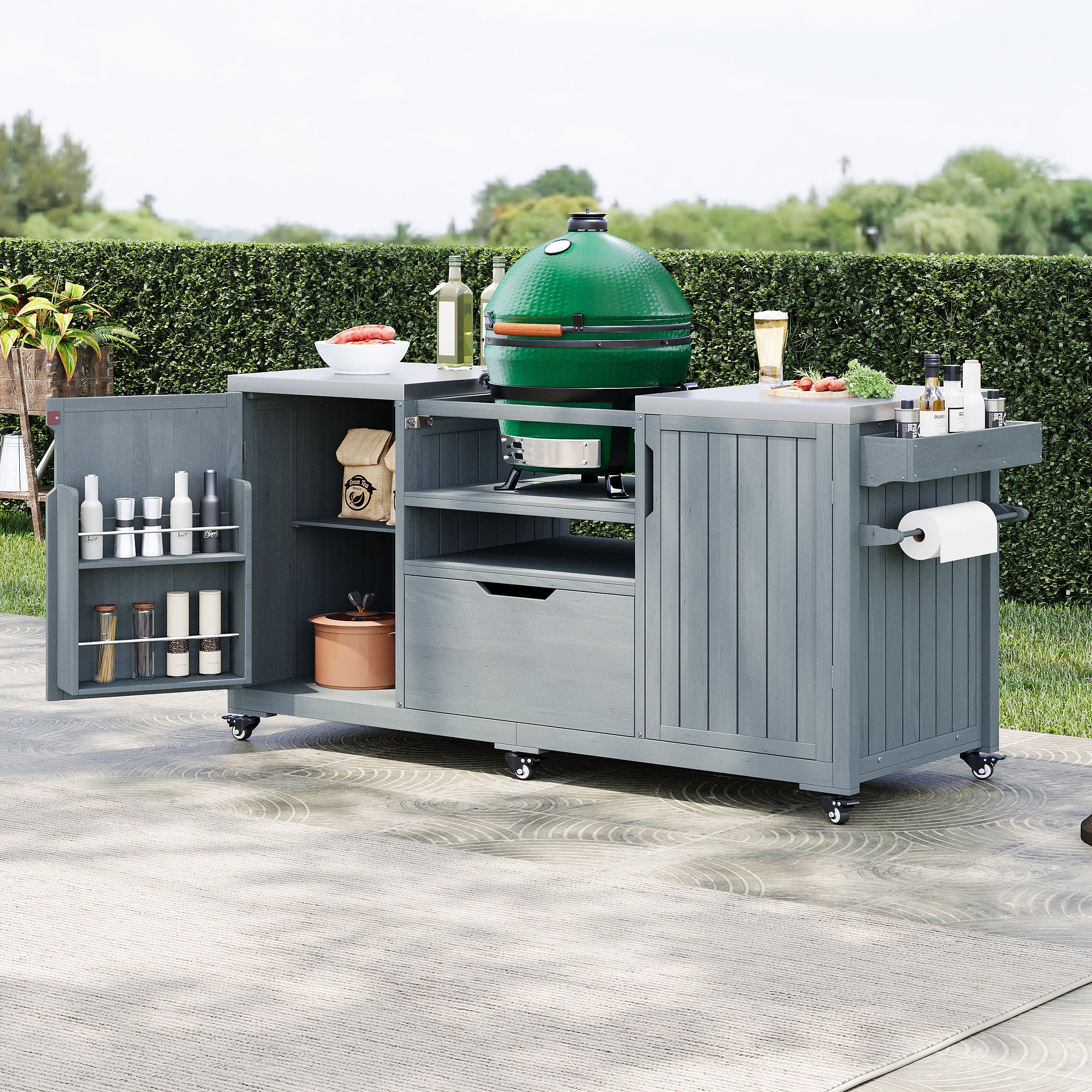 [variant:N853P386132G] Outdoor Grill Cart for 21–22-Inch Kamado Grills – Gray and Blue, 66.5-Inch image 1