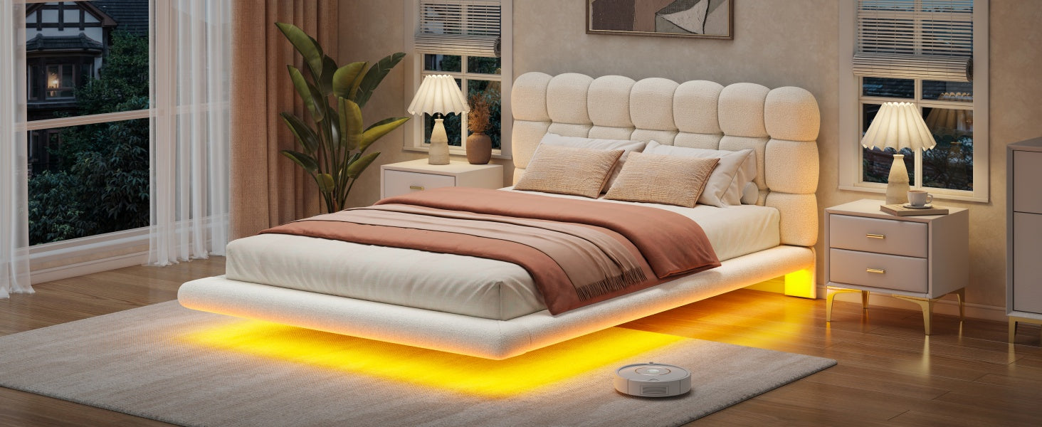 [variant:HS451577AAK] Queen LED Floating Bouclé Platform Bed – Cream White image 24