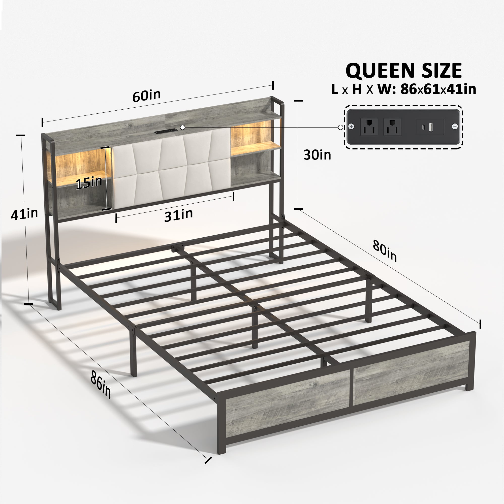 [variant:W5658P487022] Queen Upholstered Platform Bed with Bookcase Headboard, LED Lights & Charging Station image 8