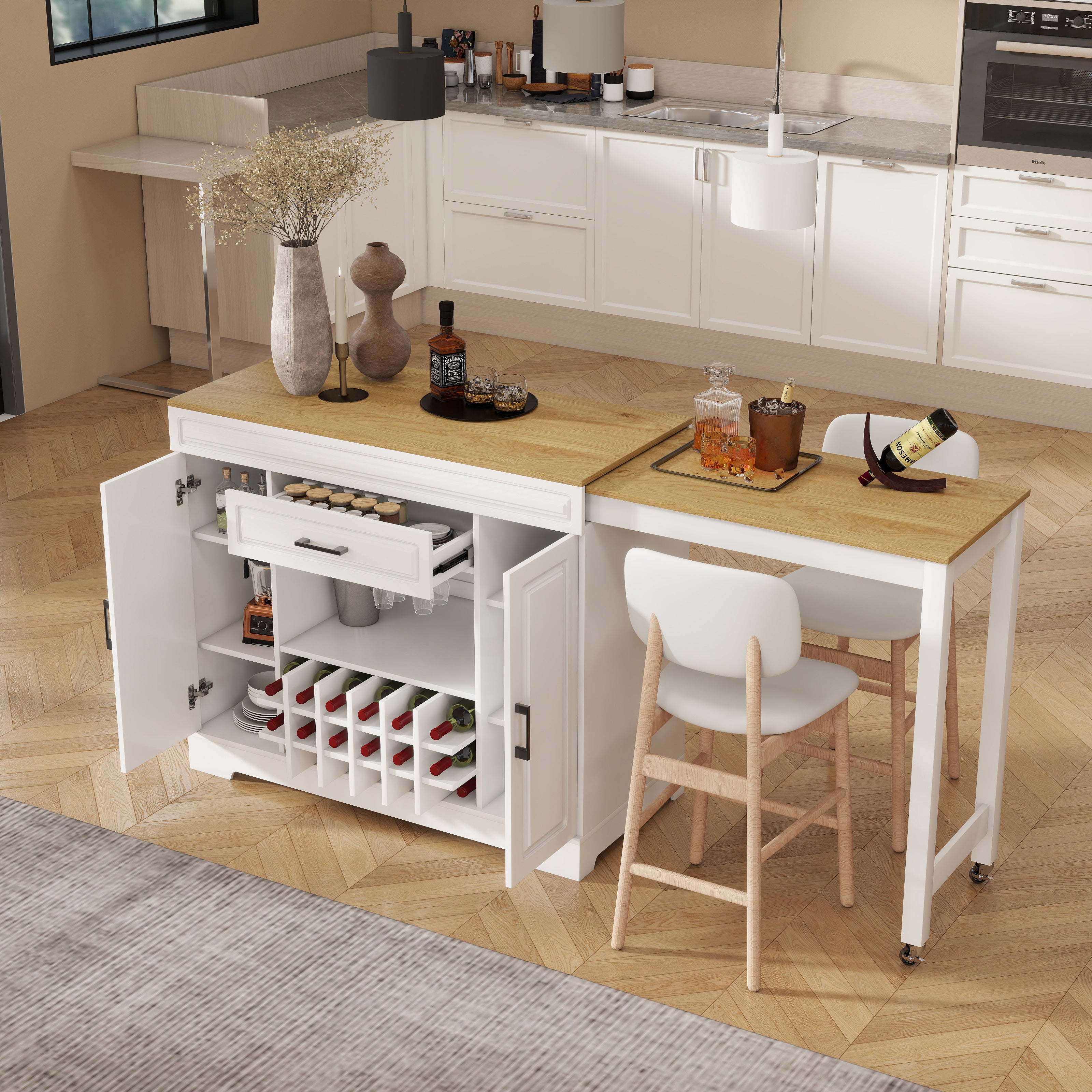 [variant:WT000007AAK] Extendable Counter-Height Bar Cabinet with Wine Storage – White+Natural image 1