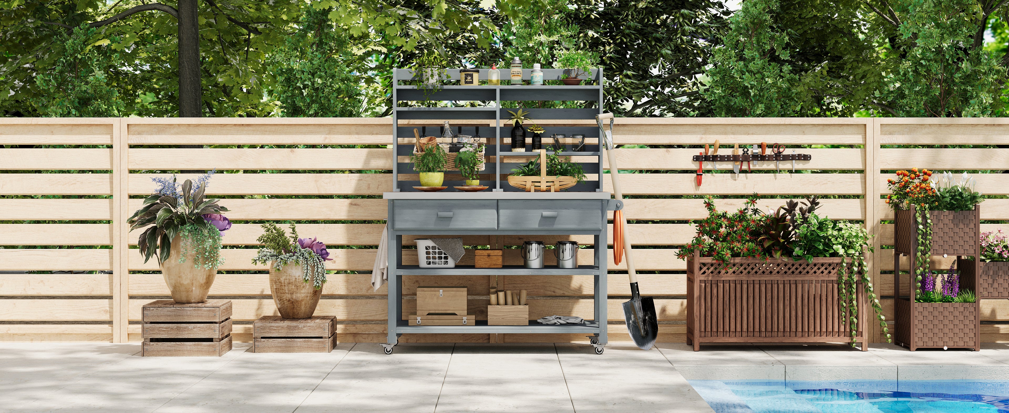 [variant:N853P386121G] Rolling Outdoor Potting Bench with Stainless Steel Top image 5