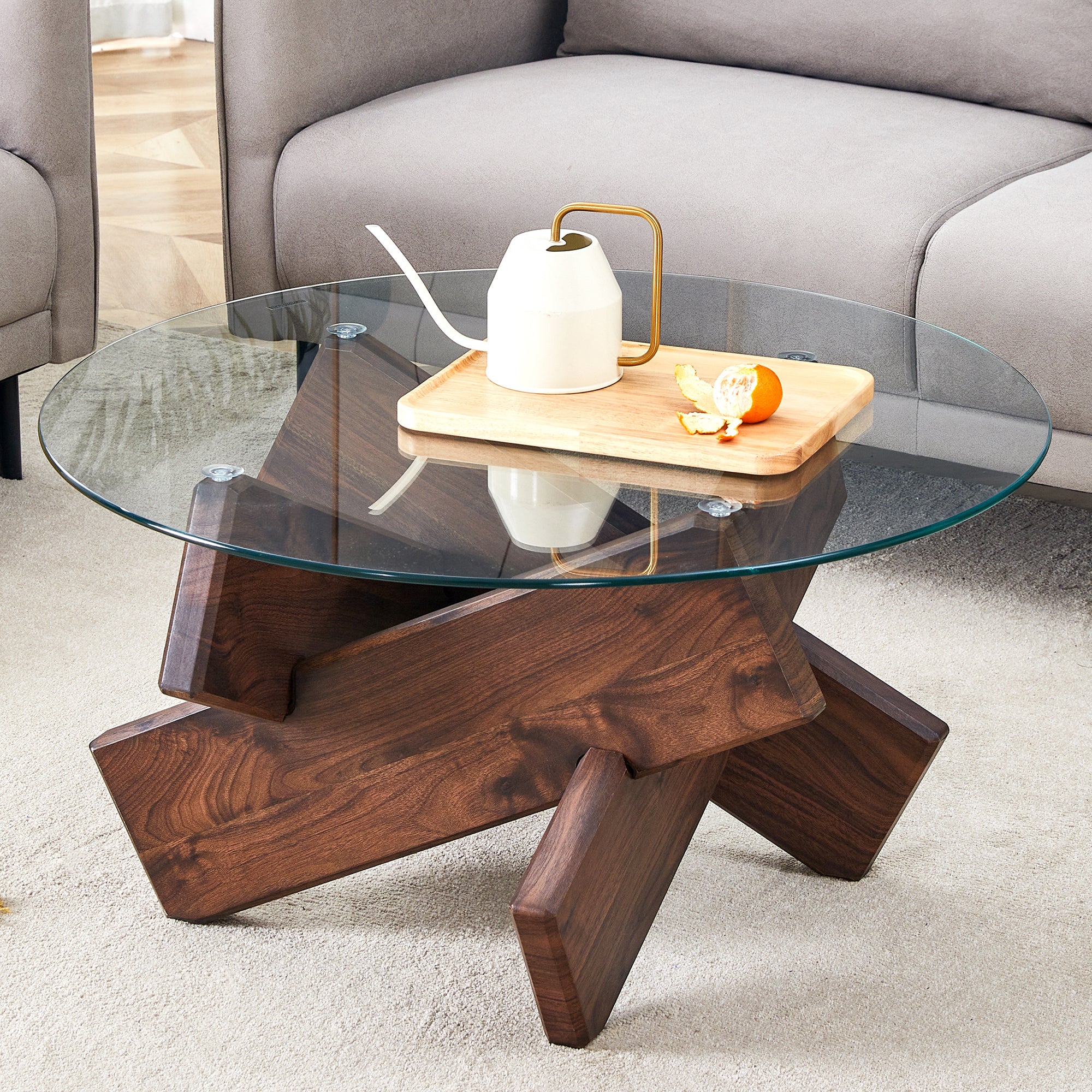 [variant:W3806P404749] Round Glass Coffee Table with Walnut-Finish Base – 33.4-Inch image 2