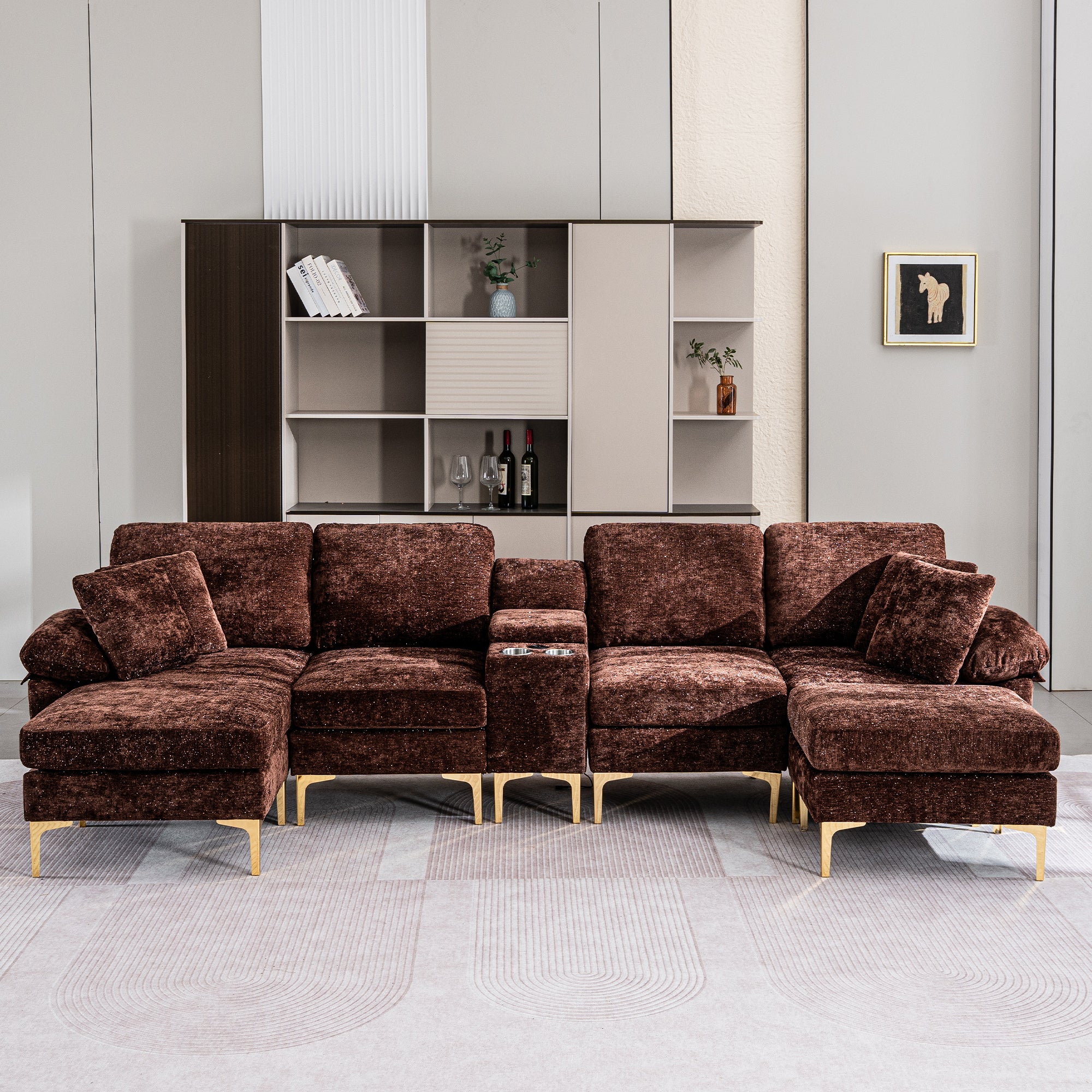 [variant:W3885S00059] U-Shaped Chenille Sectional Sofa with Recliner and Ottoman image 9