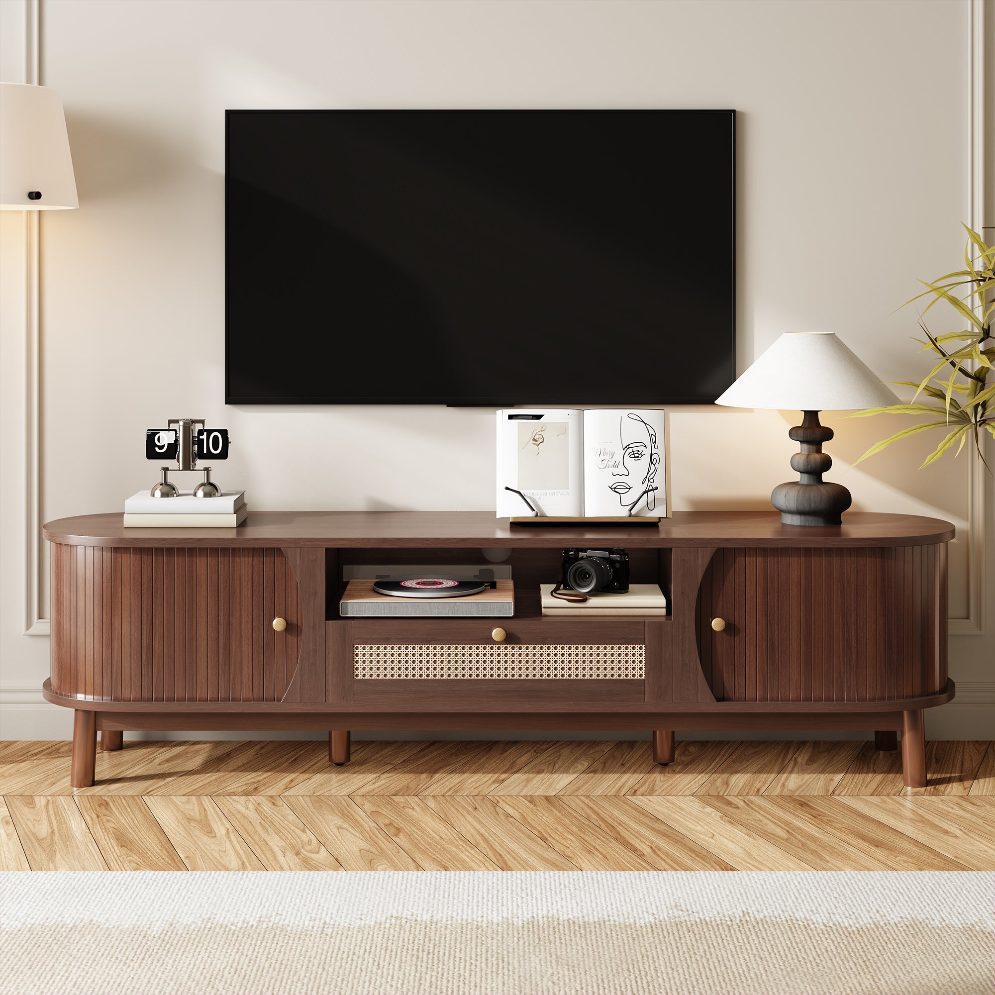 [variant:N875P278398N] Rattan TV Stand with Sliding Door – 65-Inch image 2