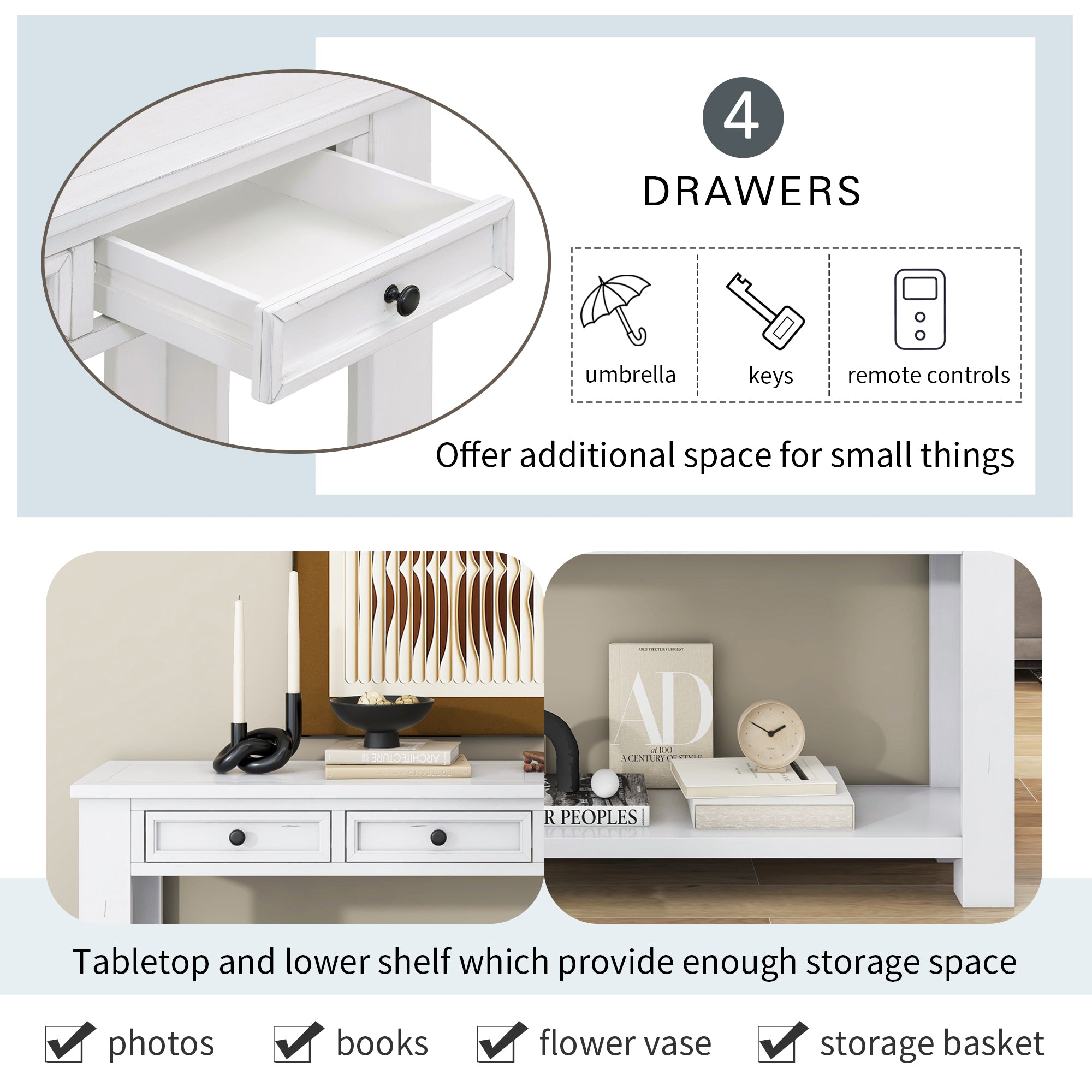 [variant:N852P245606K] Console Table with Drawers & Bottom Shelf – Antique White image 13