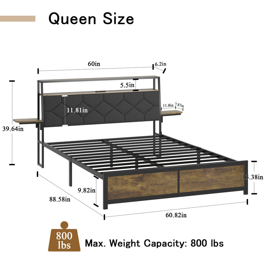 [variant:W5658P486993] Queen Metal Platform Bed with Storage Headboard & Charging Station image 7