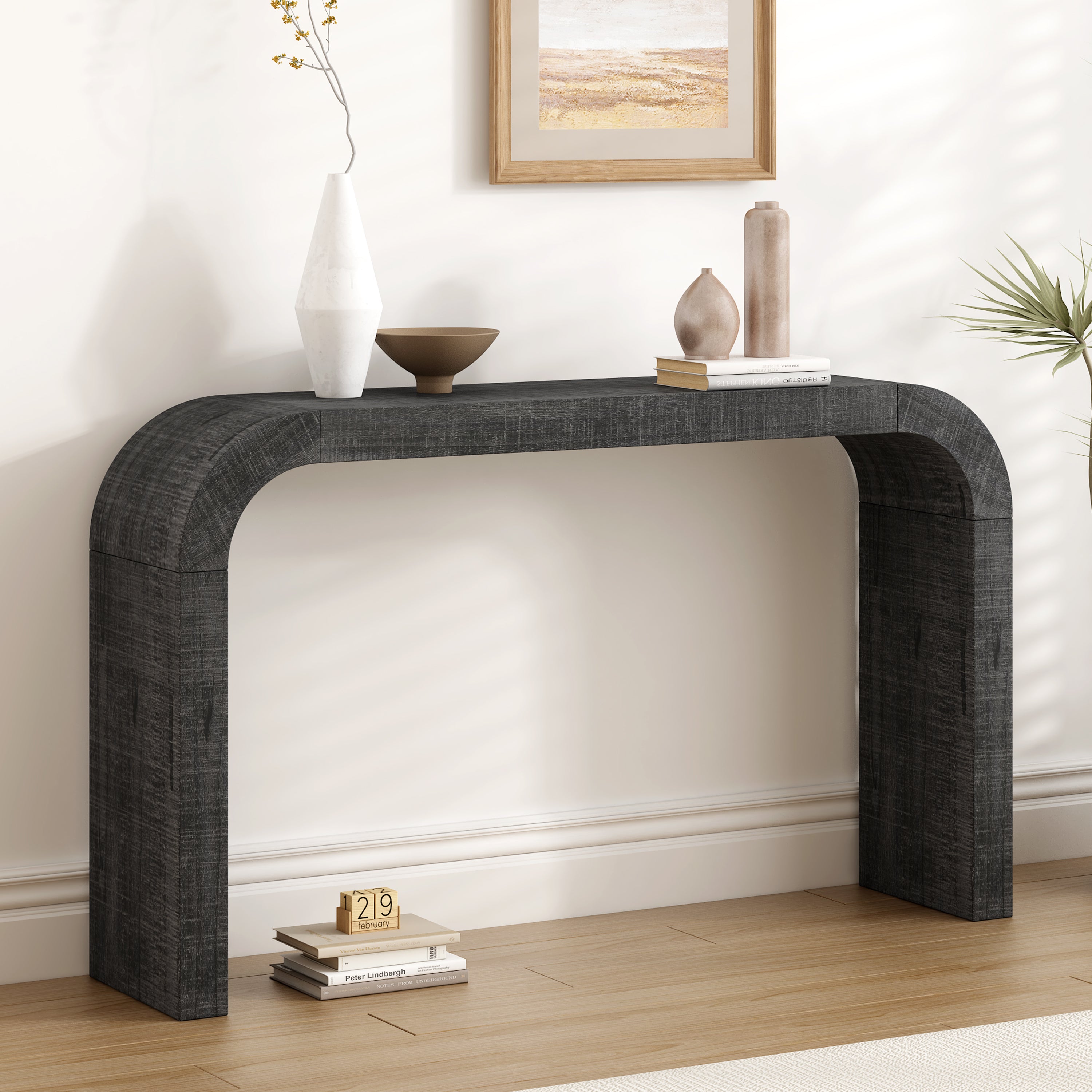 Curved-Edge Pine Veneer Console Table – 52-Inch — [variant:N851P415011B] Black image 2