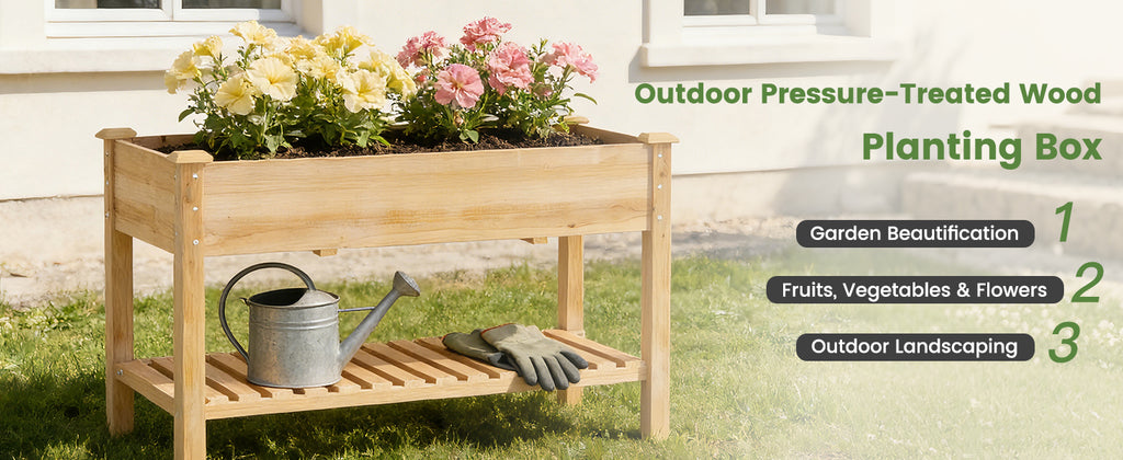 [variant:W3686P439295] Two-Tier Wooden Raised Garden Bed with Shelves image 21