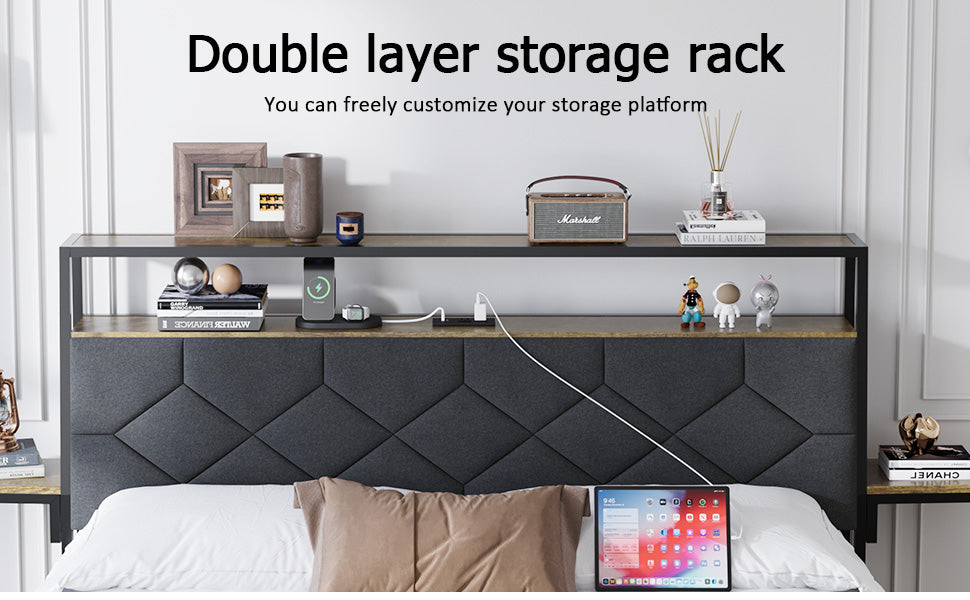 [variant:W5658P486993] Queen Metal Platform Bed with Storage Headboard & Charging Station image 4