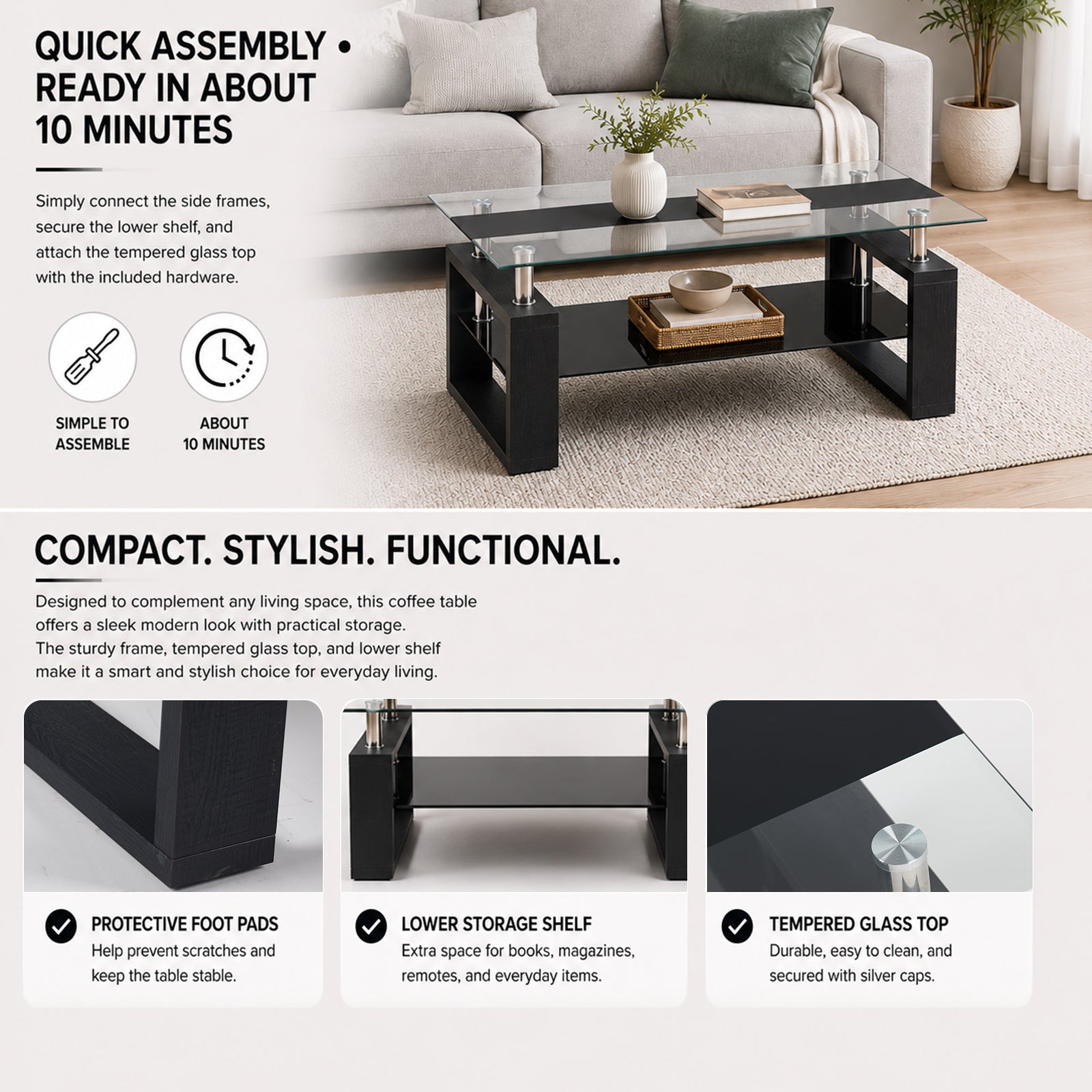2-Tier Rectangular Tempered Glass Coffee Table — [variant:W3738P499155] Black image 3