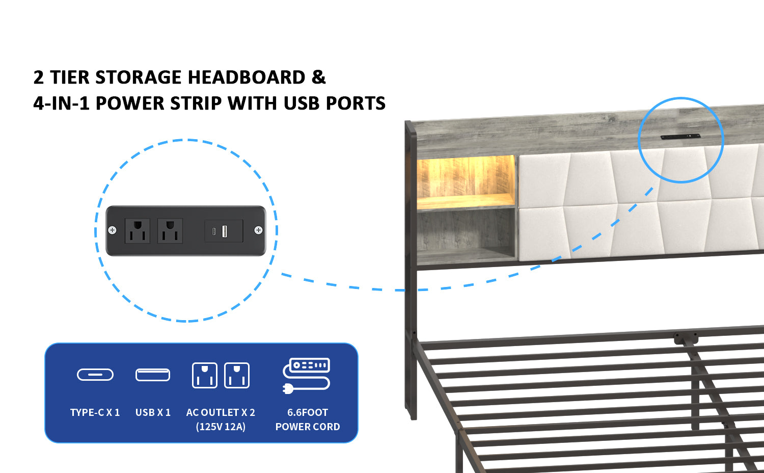 [variant:W5658P487022] Queen Upholstered Platform Bed with Bookcase Headboard, LED Lights & Charging Station image 6