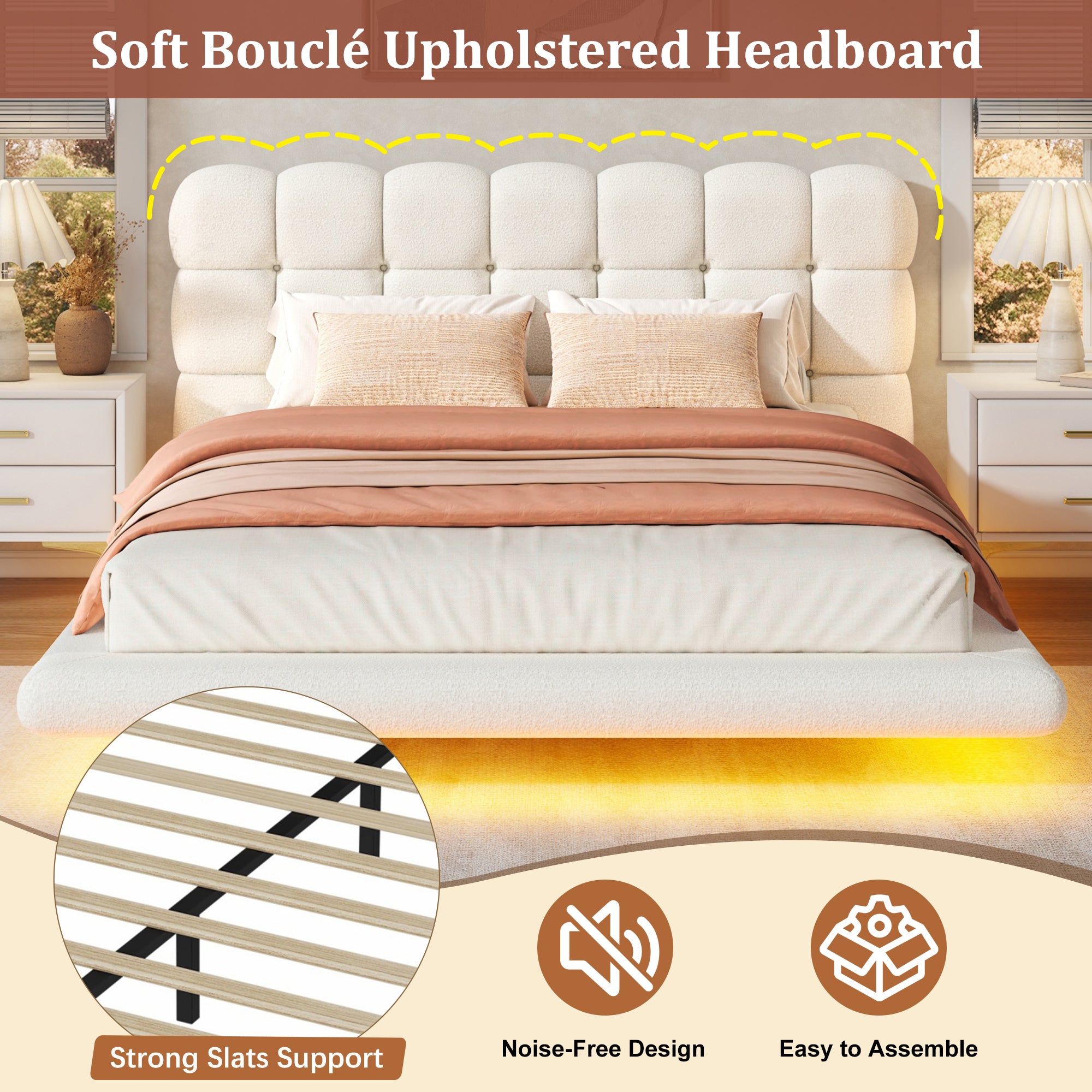 [variant:HS451577AAK] Queen LED Floating Bouclé Platform Bed – Cream White image 8