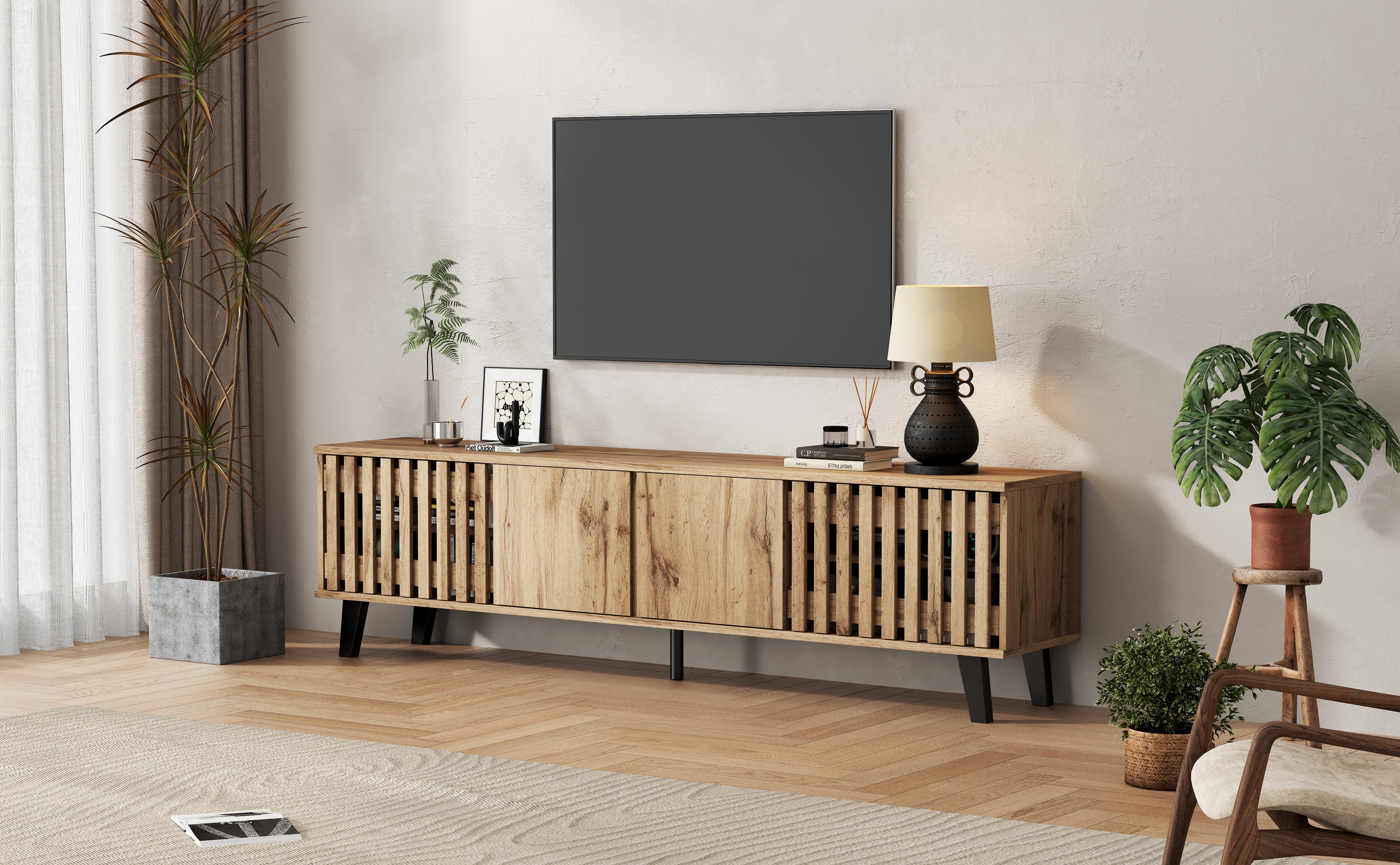 [variant:N892P417182E] 65-Inch Fluted TV Stand with 4 Doors image 3