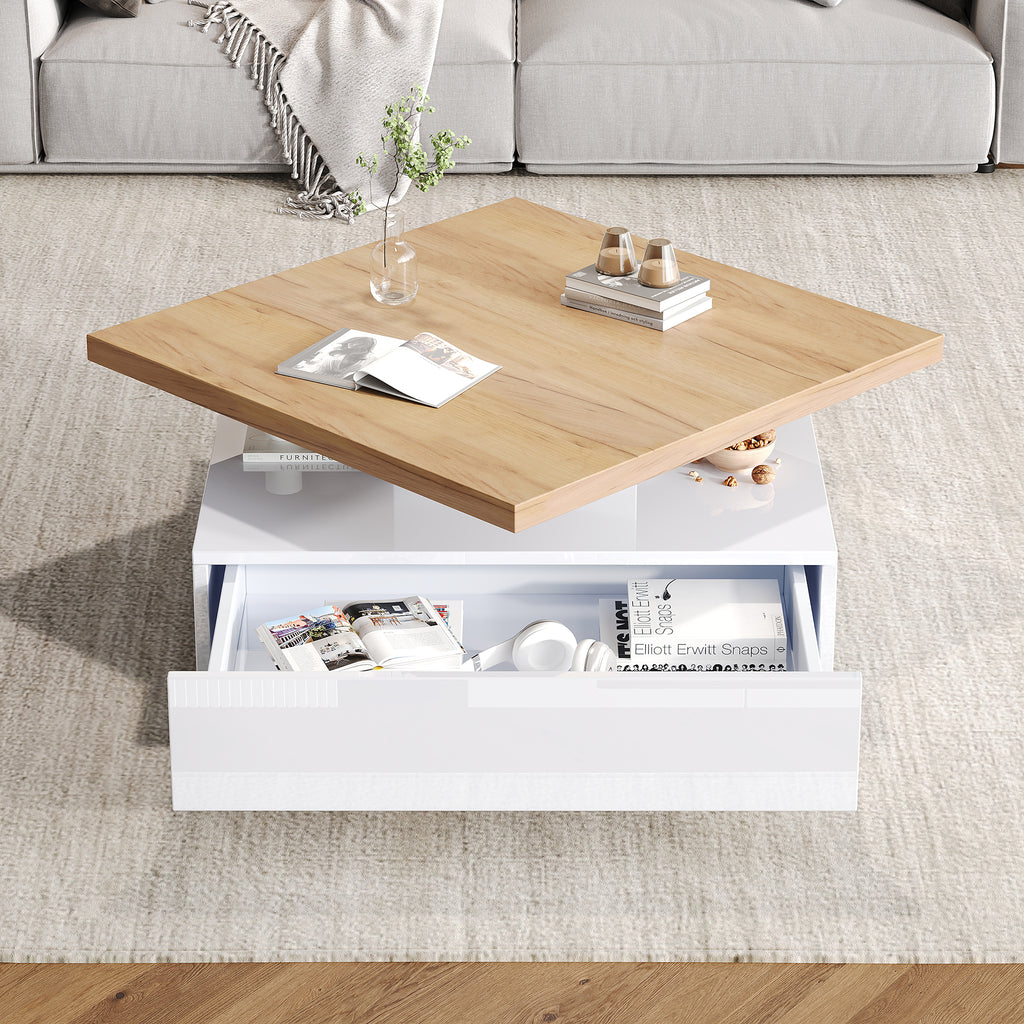 [variant:N892P422624W] 360° Rotating High-Gloss Coffee Table – White+Oak image 1