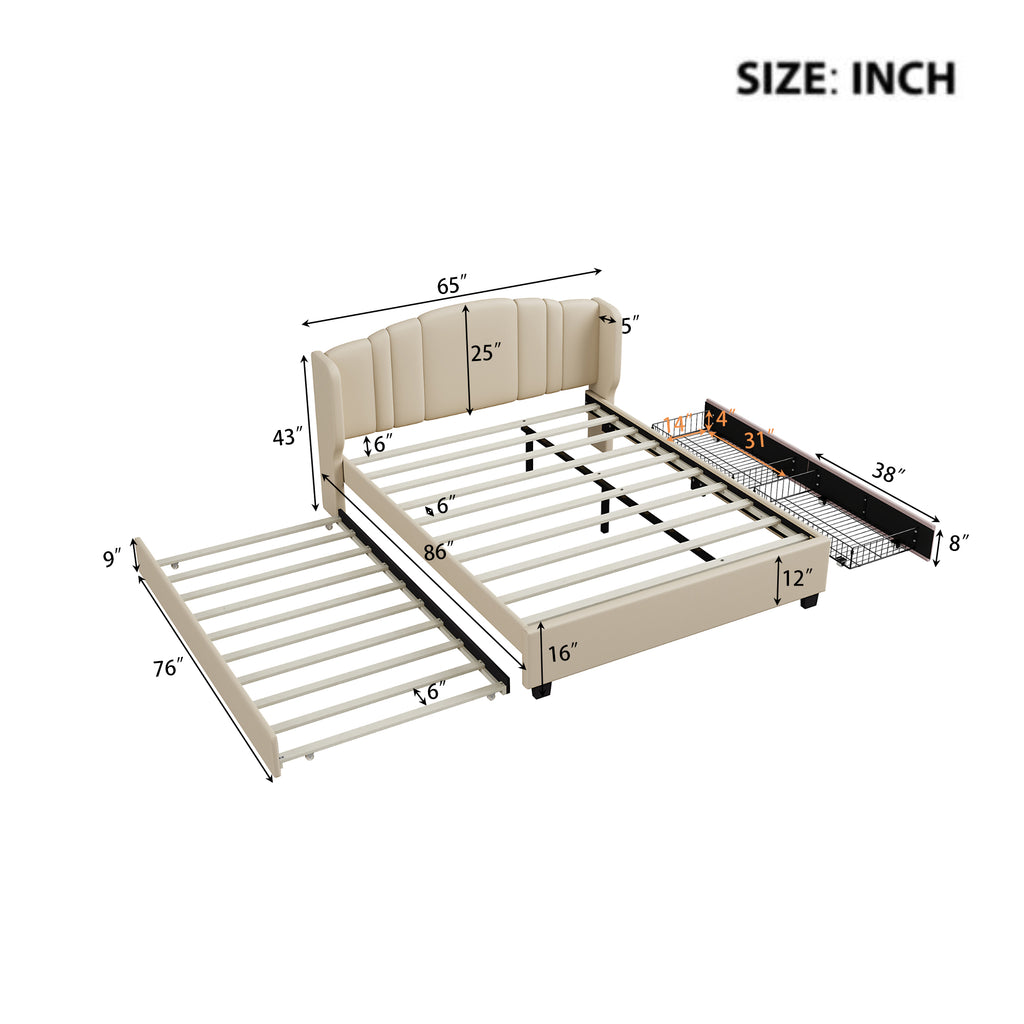 Queen Upholstered Wingback Bed with Twin Trundle & 2 Drawers — [variant:N854S427452A] Beige image 7