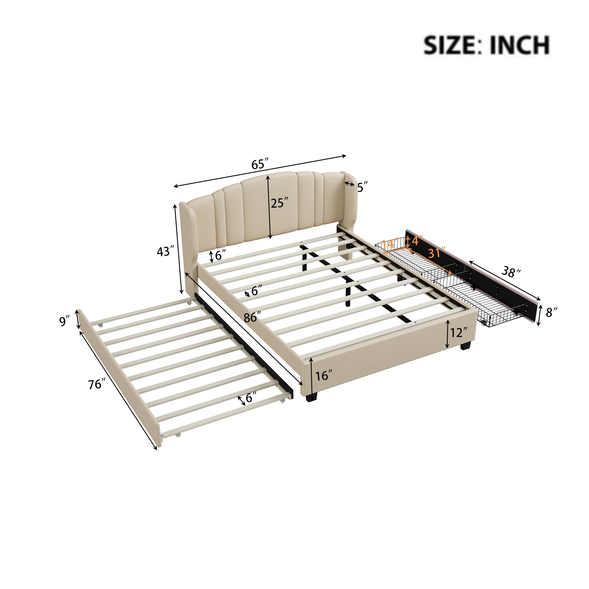 Queen Upholstered Wingback Bed with Twin Trundle & 2 Drawers — [variant:N854S427452A] Beige image 7