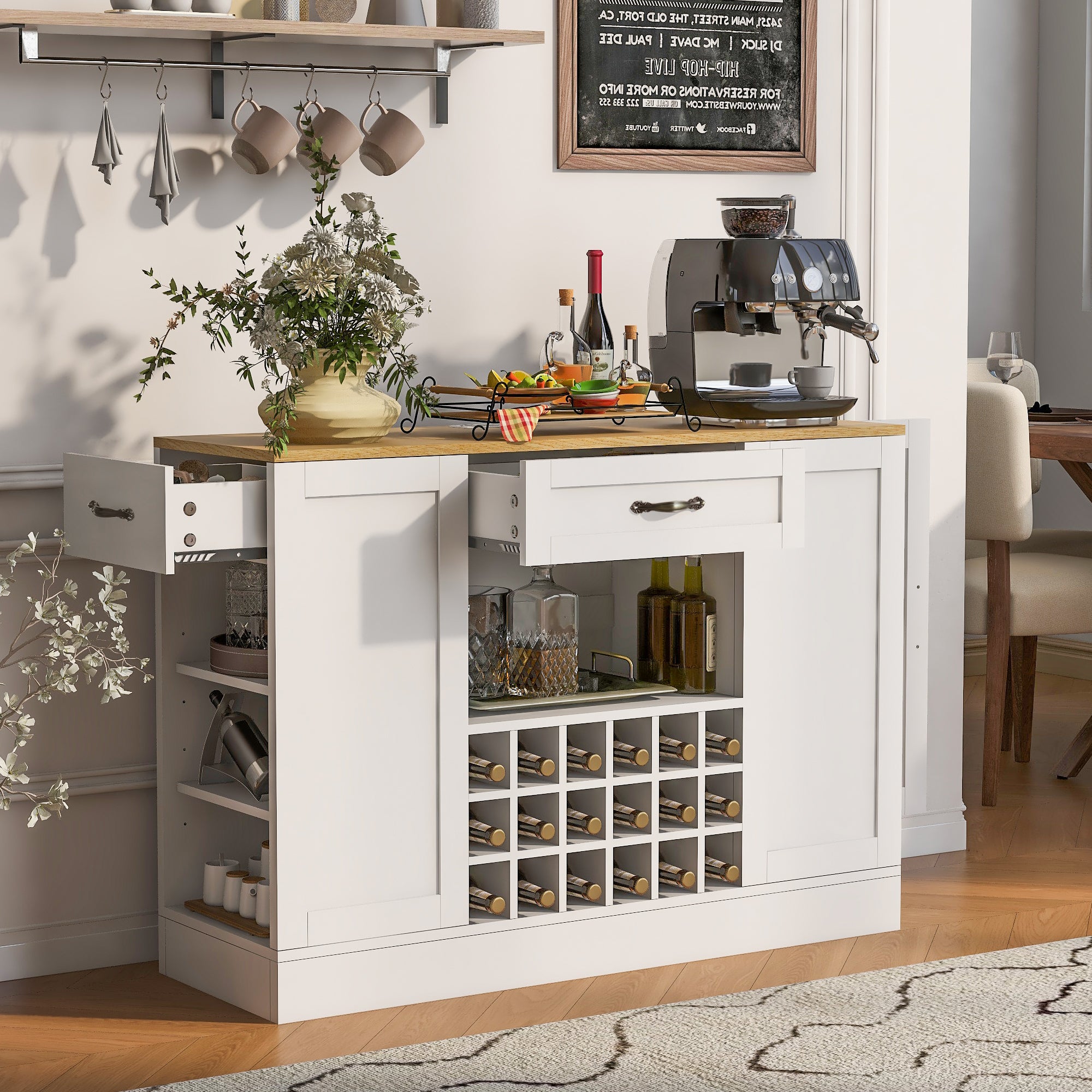 [variant:N889P443149K] Wine Bar Cabinet with Power Outlet – 47-Inch – White+Natural image 1