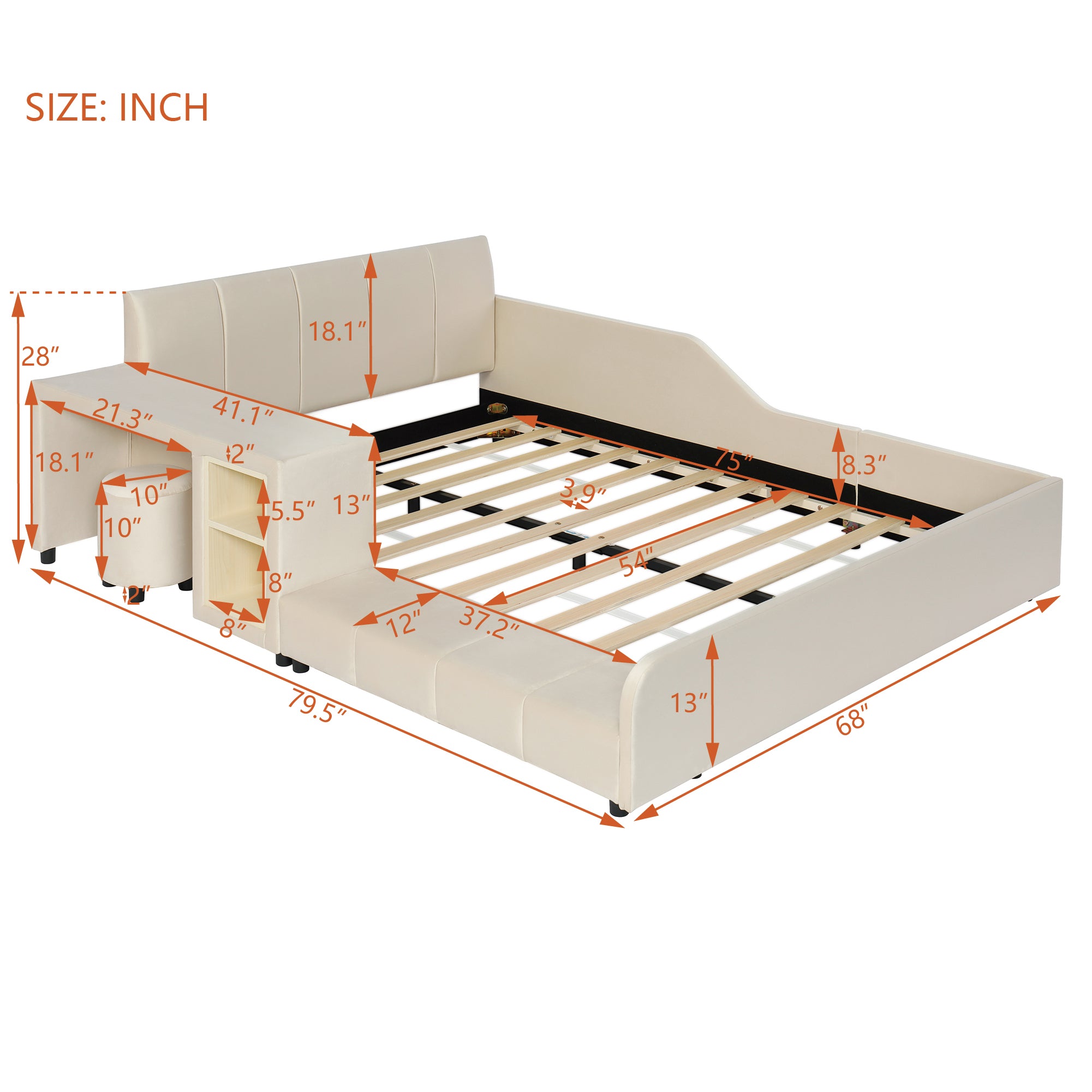 [variant:N850S00111A-1] Full Upholstered Floor Bed with Desk and Stool image 5