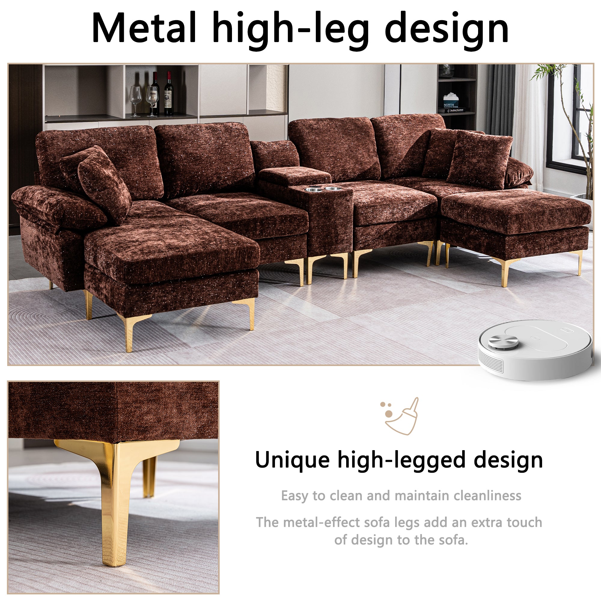 [variant:W3885S00059] U-Shaped Chenille Sectional Sofa with Recliner and Ottoman image 4