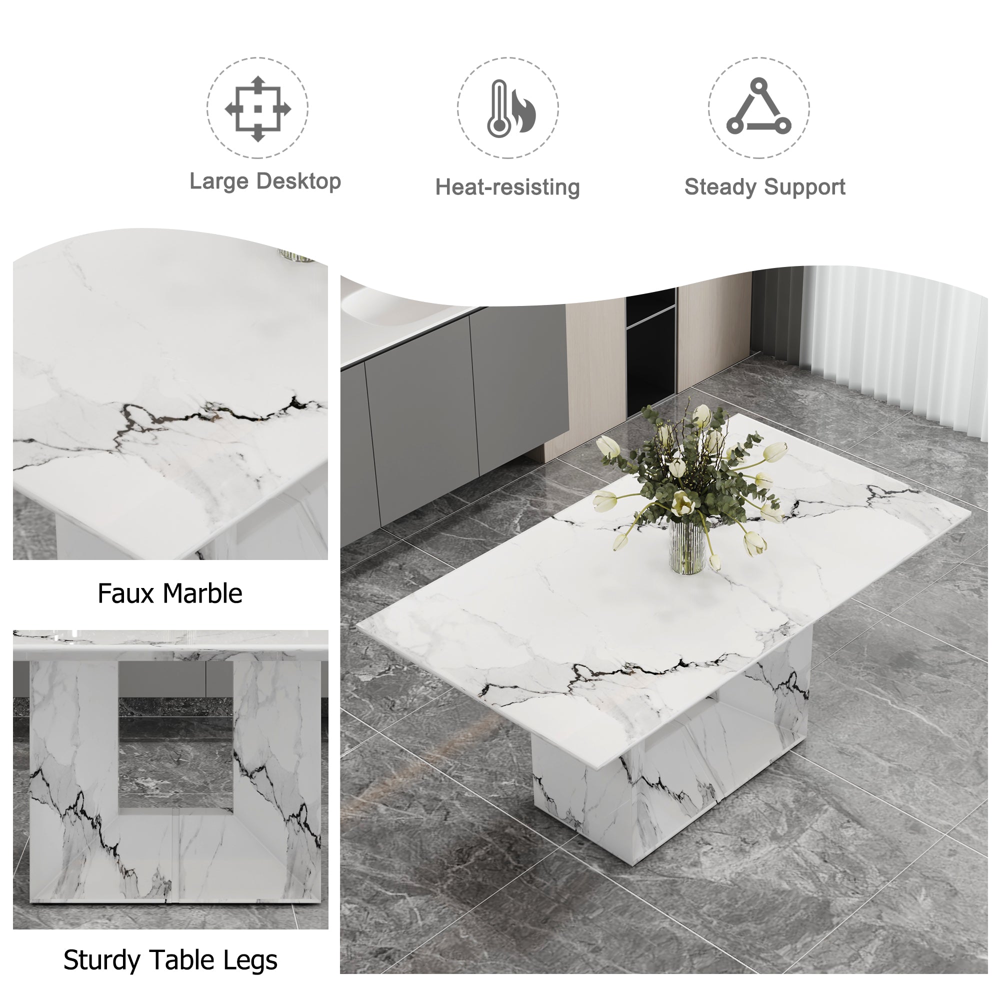 [variant:W3806S00015] White Marble-Look Dining Table image 7