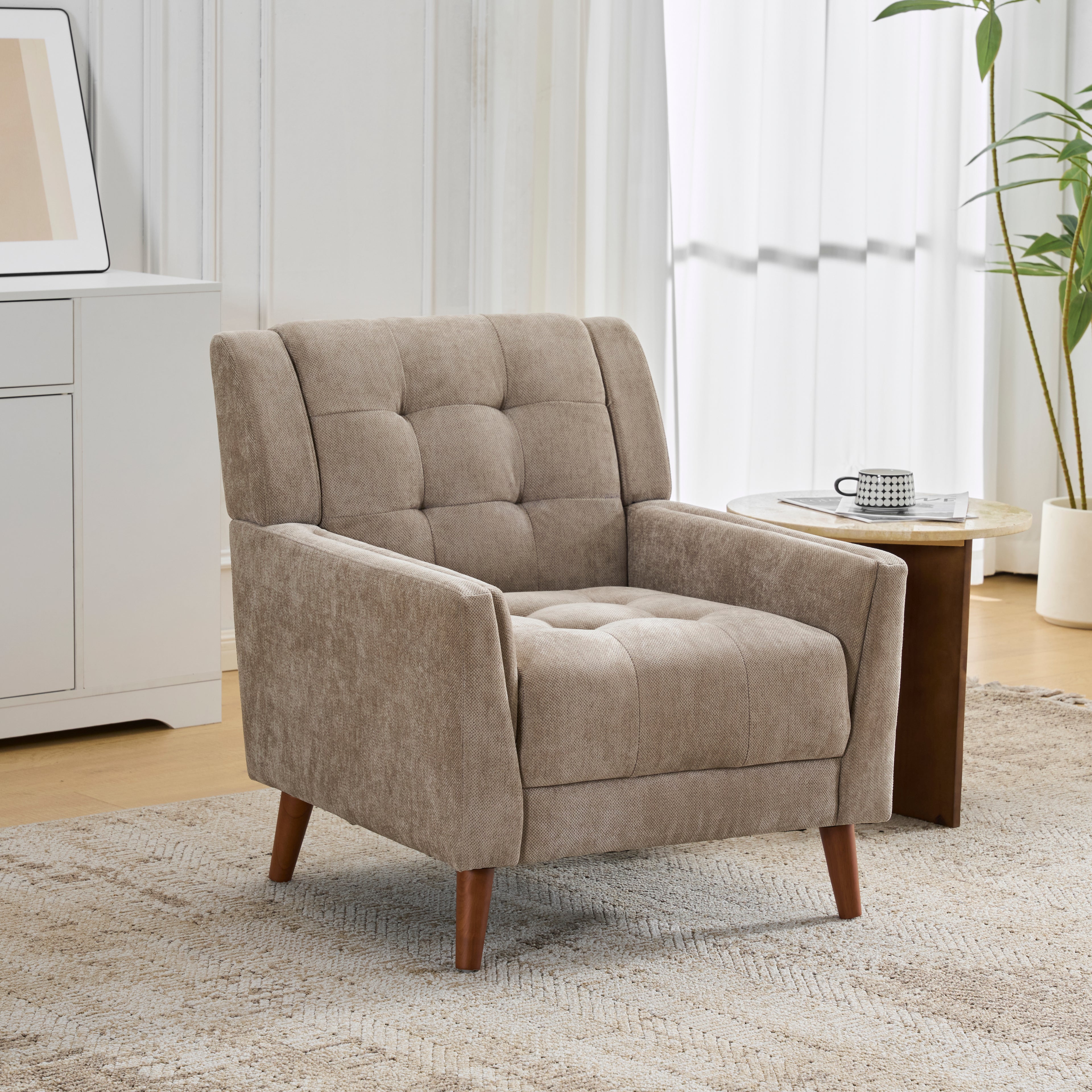 [variant:N898P442867L] Light Brown Chenille Mid-Century Armchair image 1