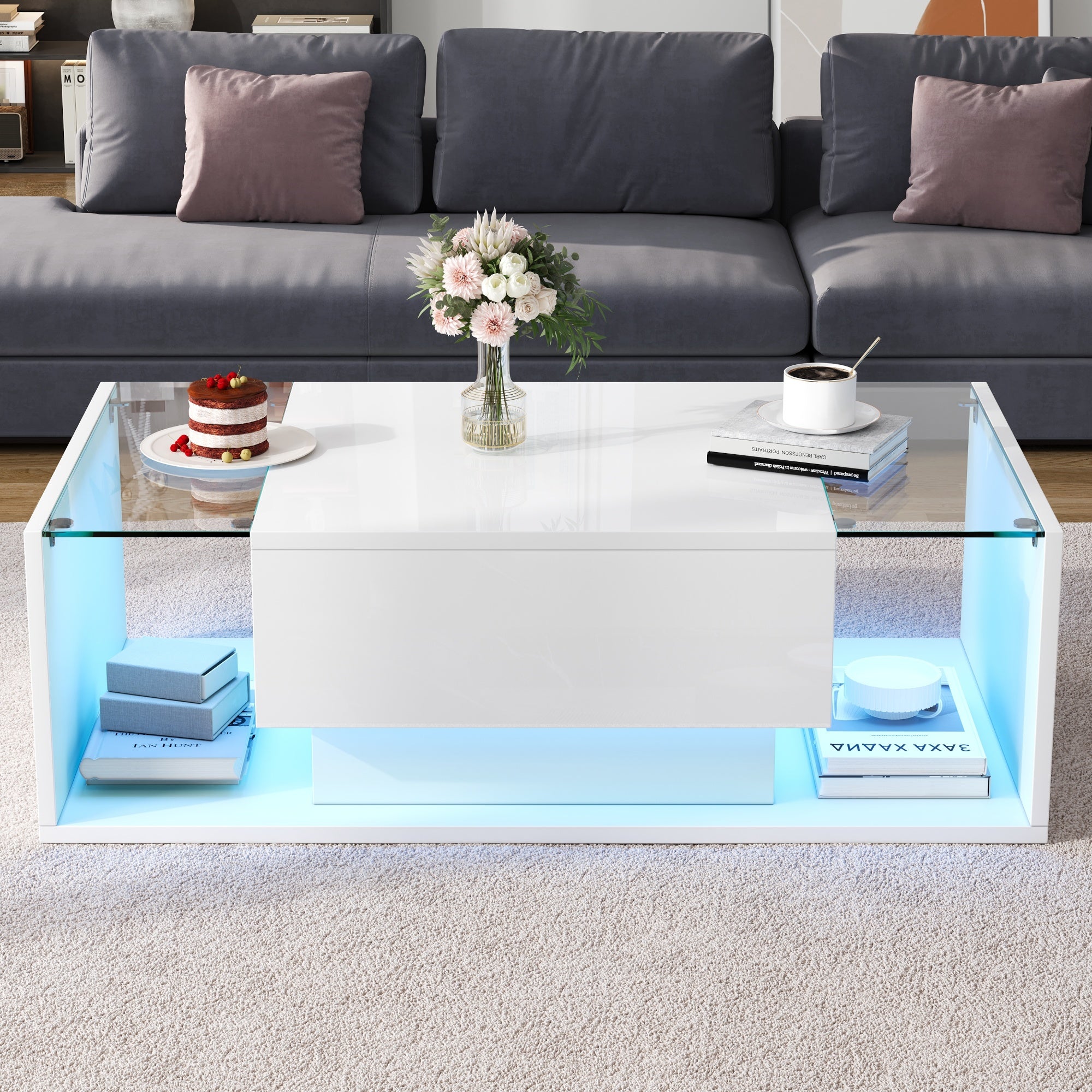[variant:N892P423295W] High-Gloss LED Coffee Table with Drawer and Glass Top image 13