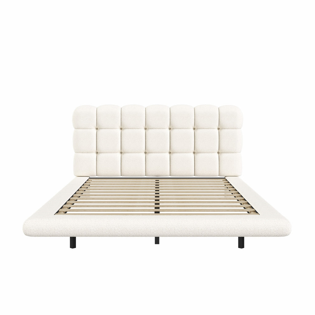 [variant:HS451577AAK] Queen LED Floating Bouclé Platform Bed – Cream White image 21