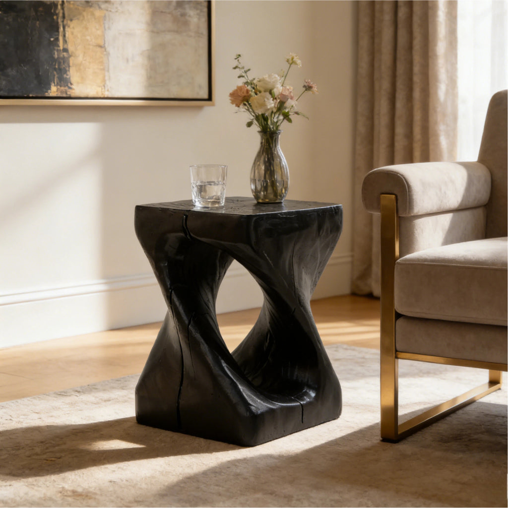 Twisted Wood-Look Indoor/Outdoor Side Table — [variant:N911P479287B] Black image 4