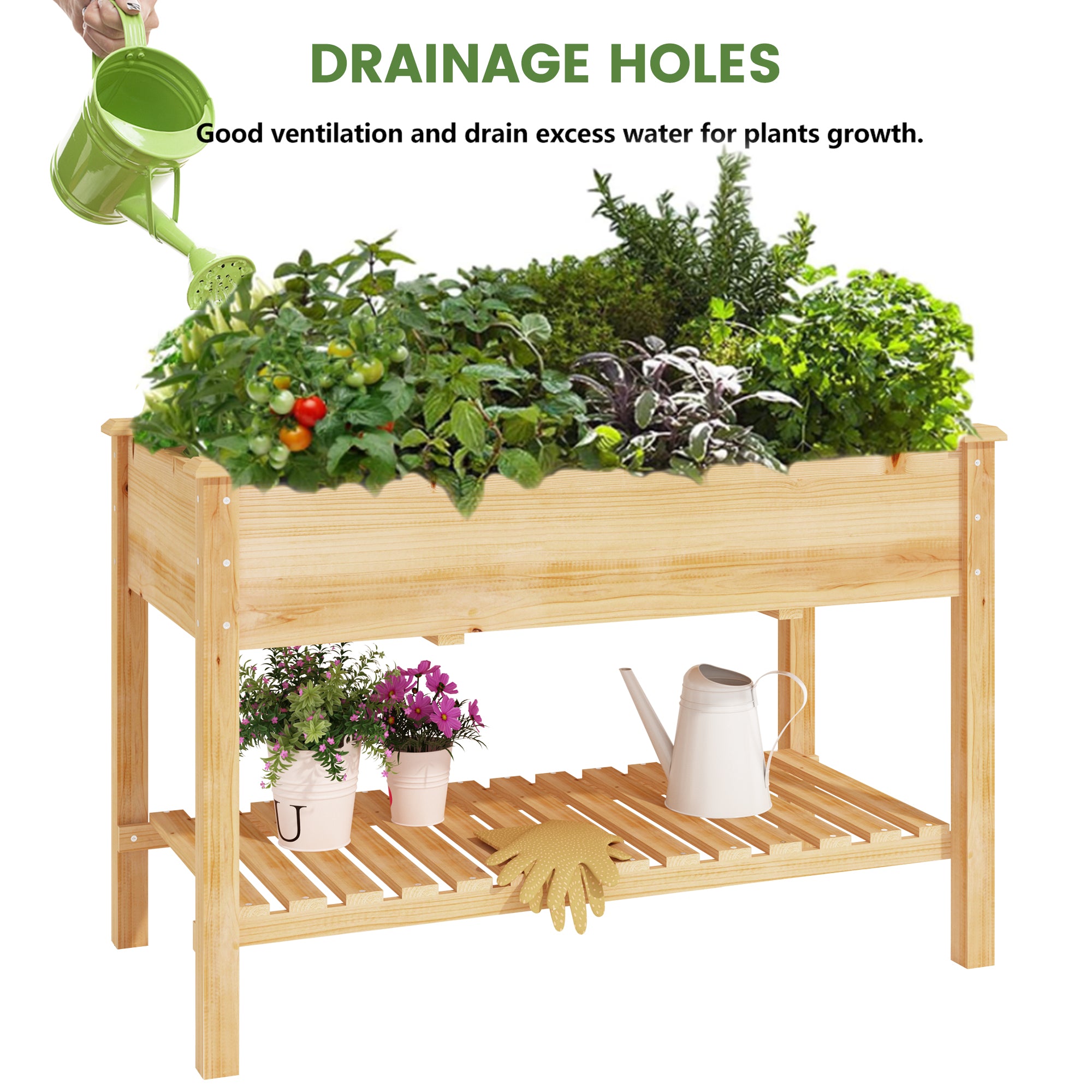 [variant:W3686P439295] Two-Tier Wooden Raised Garden Bed with Shelves image 8