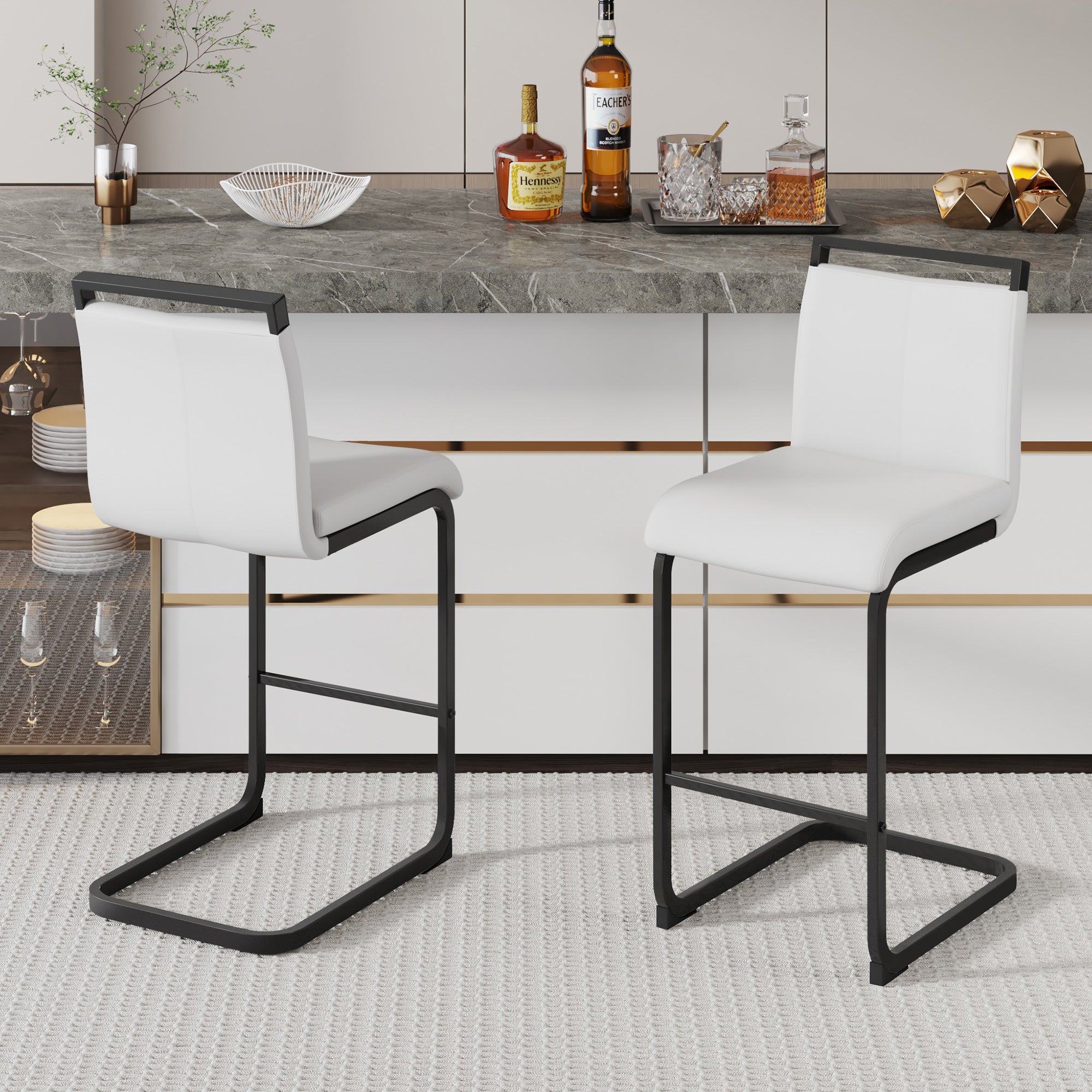 [variant:W3806P404685] Modern PU Leather Bar Stools – Set of 2 – White+Black image 1
