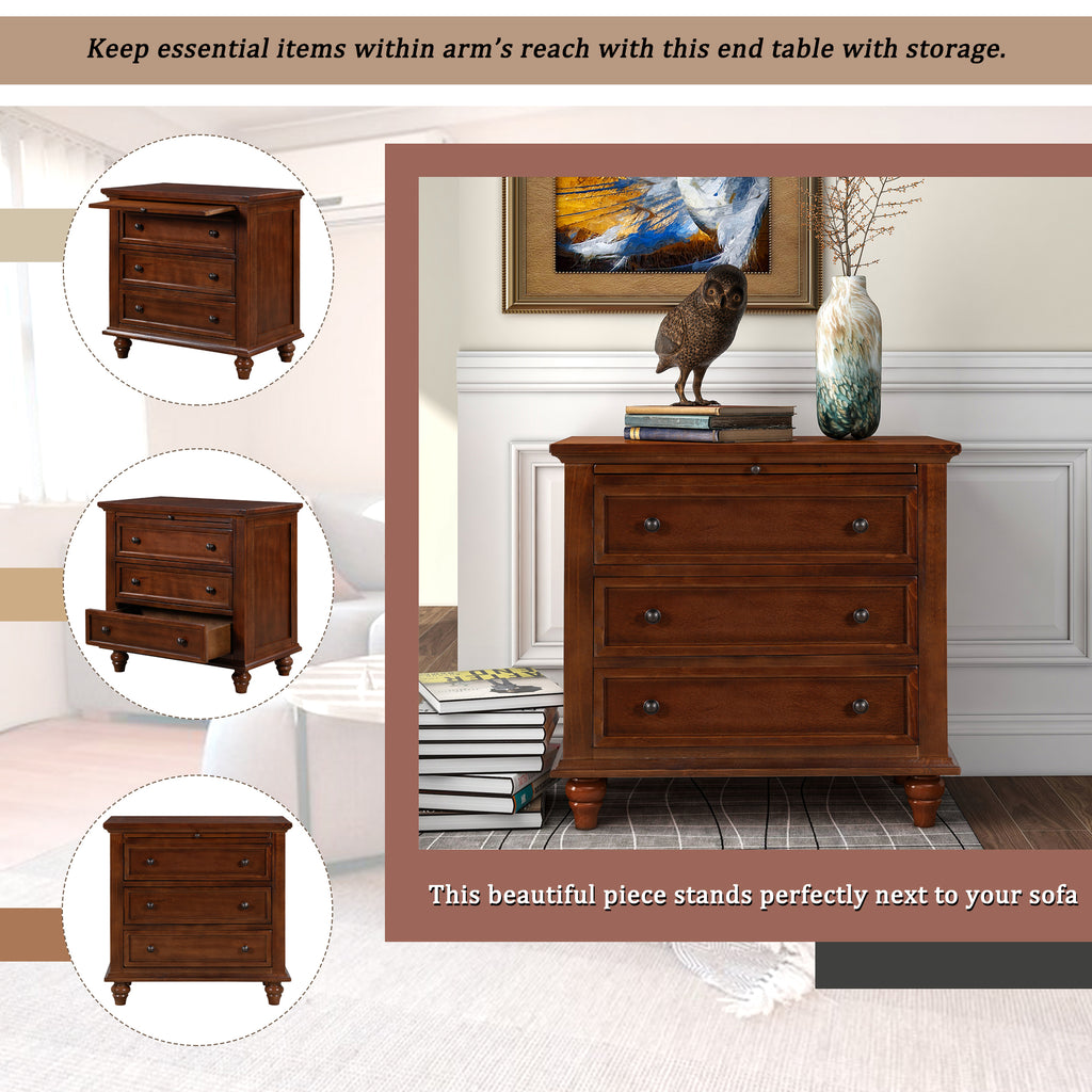 3-Drawer Nightstand with Pull-Out Tray – 27.6-Inch — [variant:N889P444139D] Brown image 3