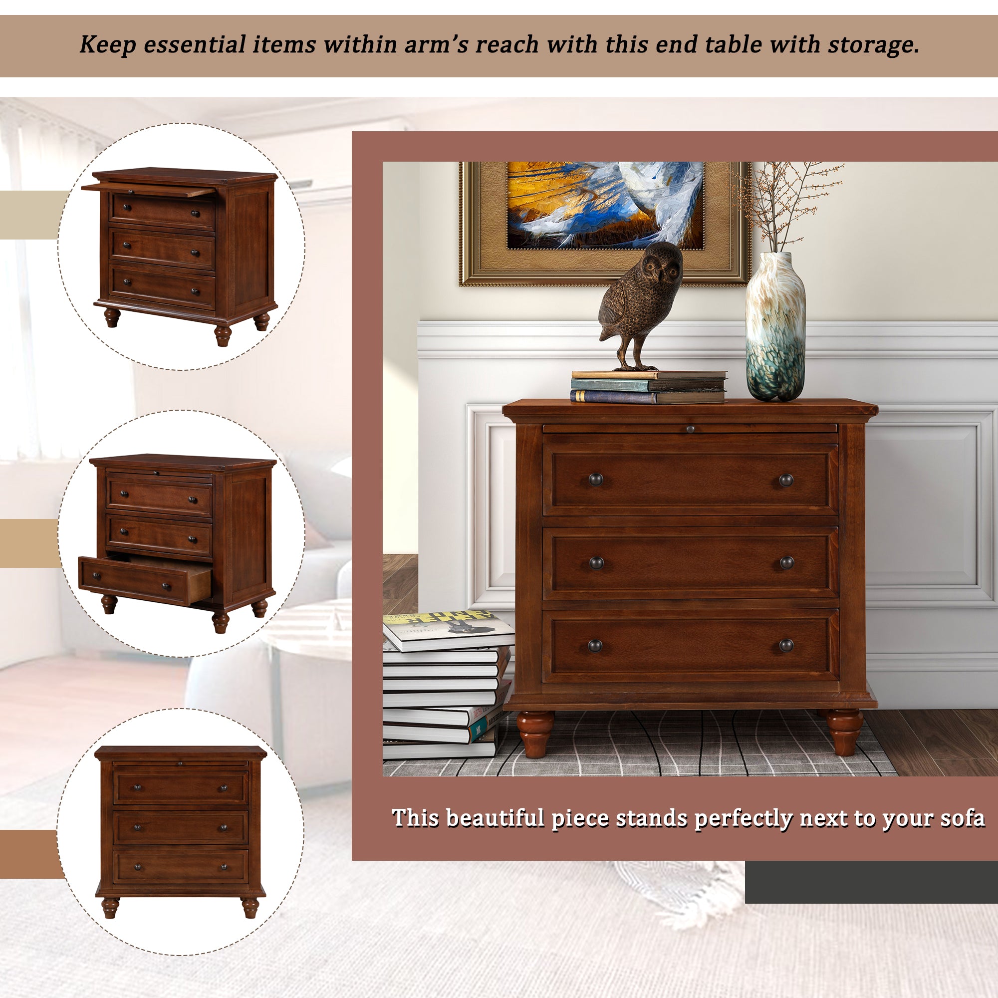 3-Drawer Nightstand with Pull-Out Tray – 27.6-Inch — [variant:N889P444139D] Brown image 3