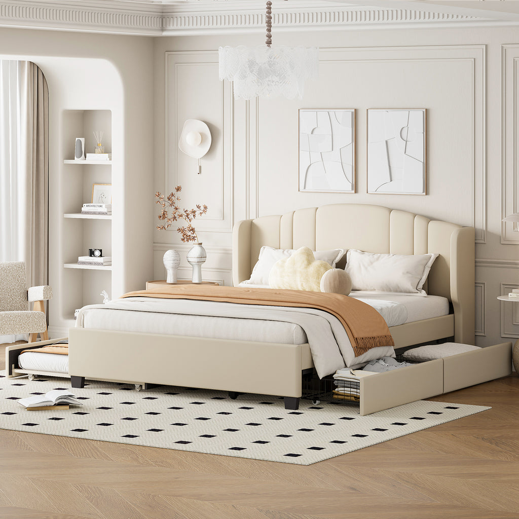 Queen Upholstered Wingback Bed with Twin Trundle & 2 Drawers — [variant:N854S427452A] Beige image 2