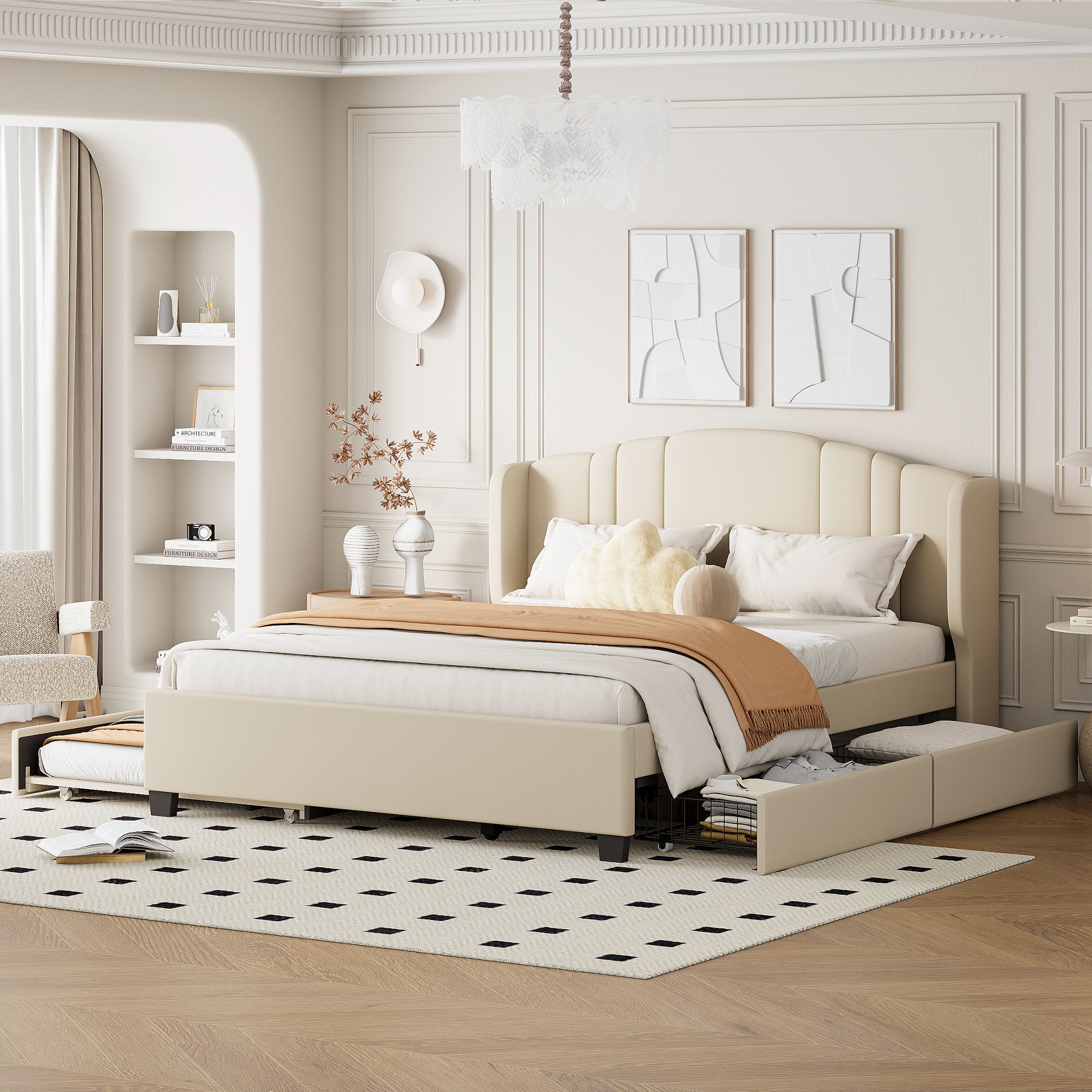Queen Upholstered Wingback Bed with Twin Trundle & 2 Drawers — [variant:N854S427452A] Beige image 2