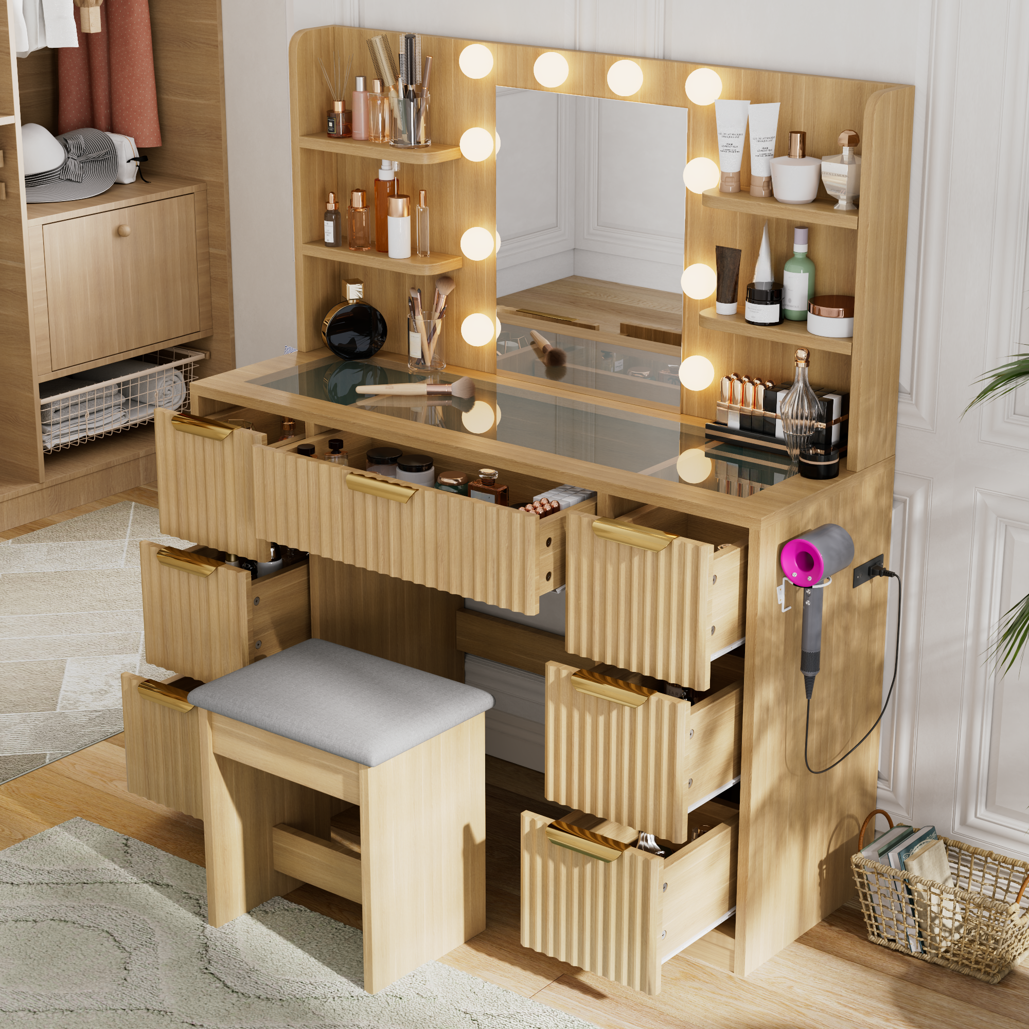 [variant:N881S436333N] Fluted 7-Drawer Vanity Desk with LED Mirror and Stool image 11