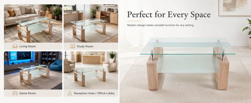 2-Tier Rectangular Tempered Glass Coffee Table — [variant:W3738P499156] Natural,Transparent image 11
