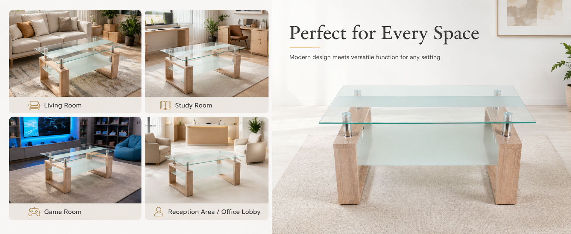 2-Tier Rectangular Tempered Glass Coffee Table — [variant:W3738P499156] Natural,Transparent image 11