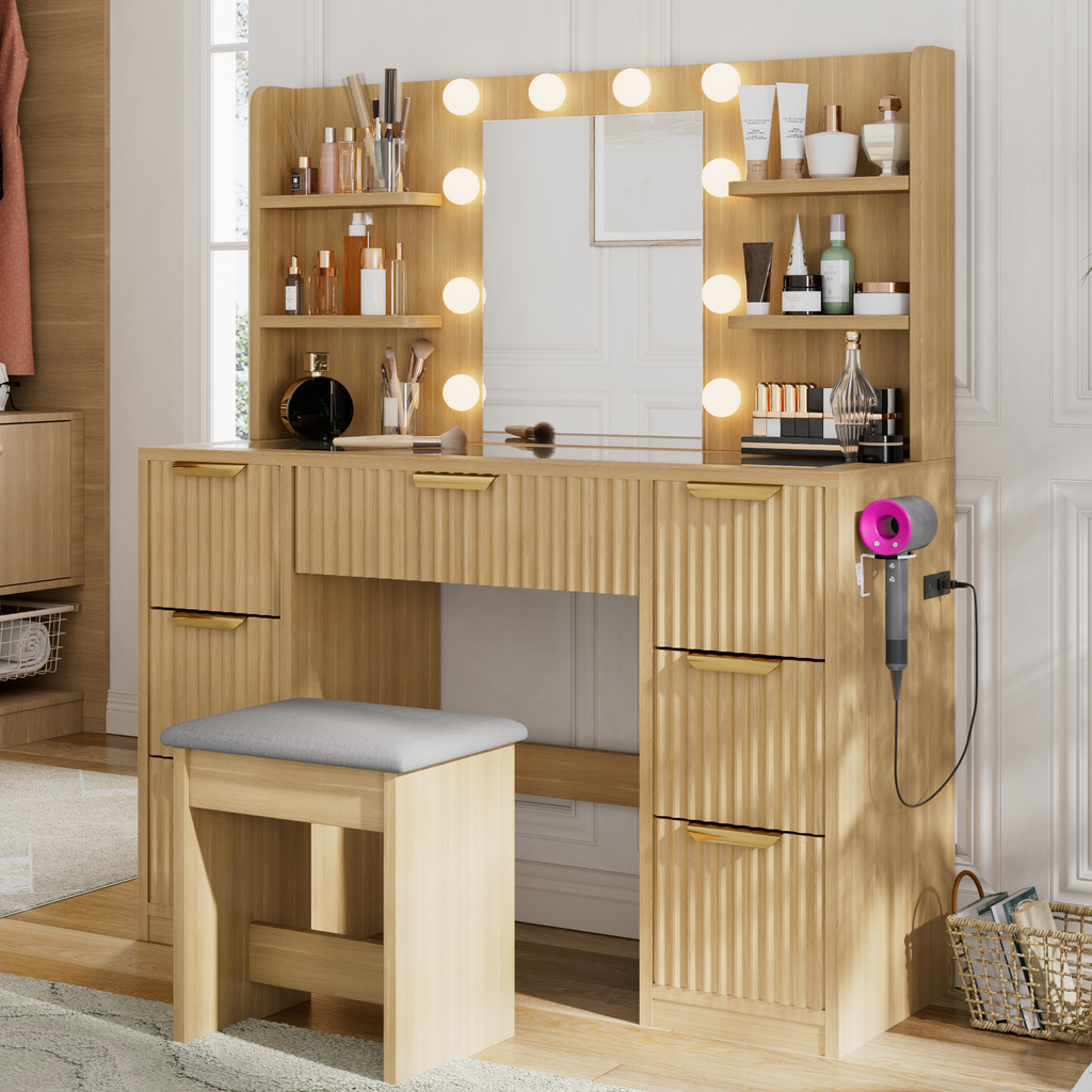 [variant:N881S436333N] Fluted 7-Drawer Vanity Desk with LED Mirror and Stool image 8