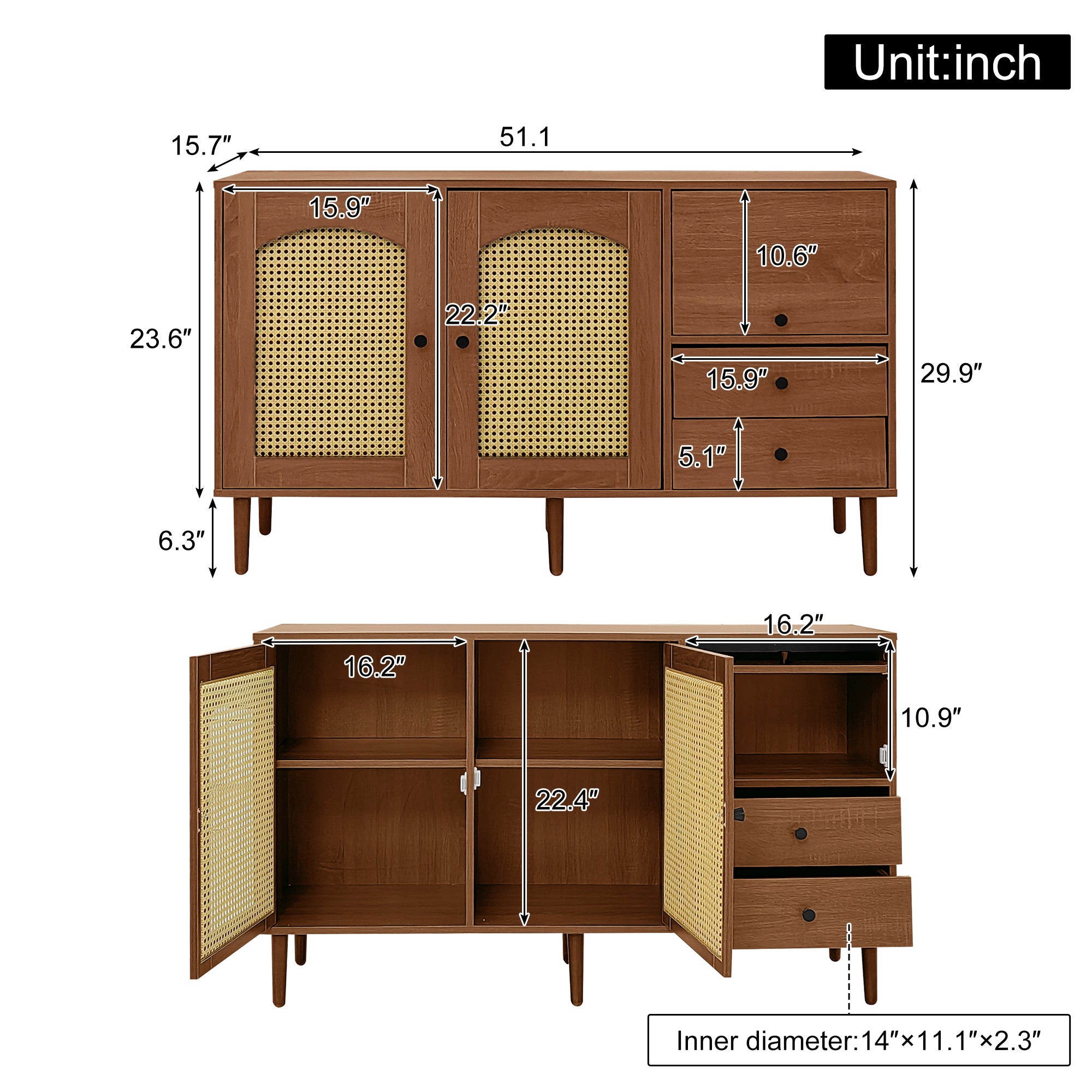 [variant:GA0013N] Country-Style Rattan-Door Sideboard image 5