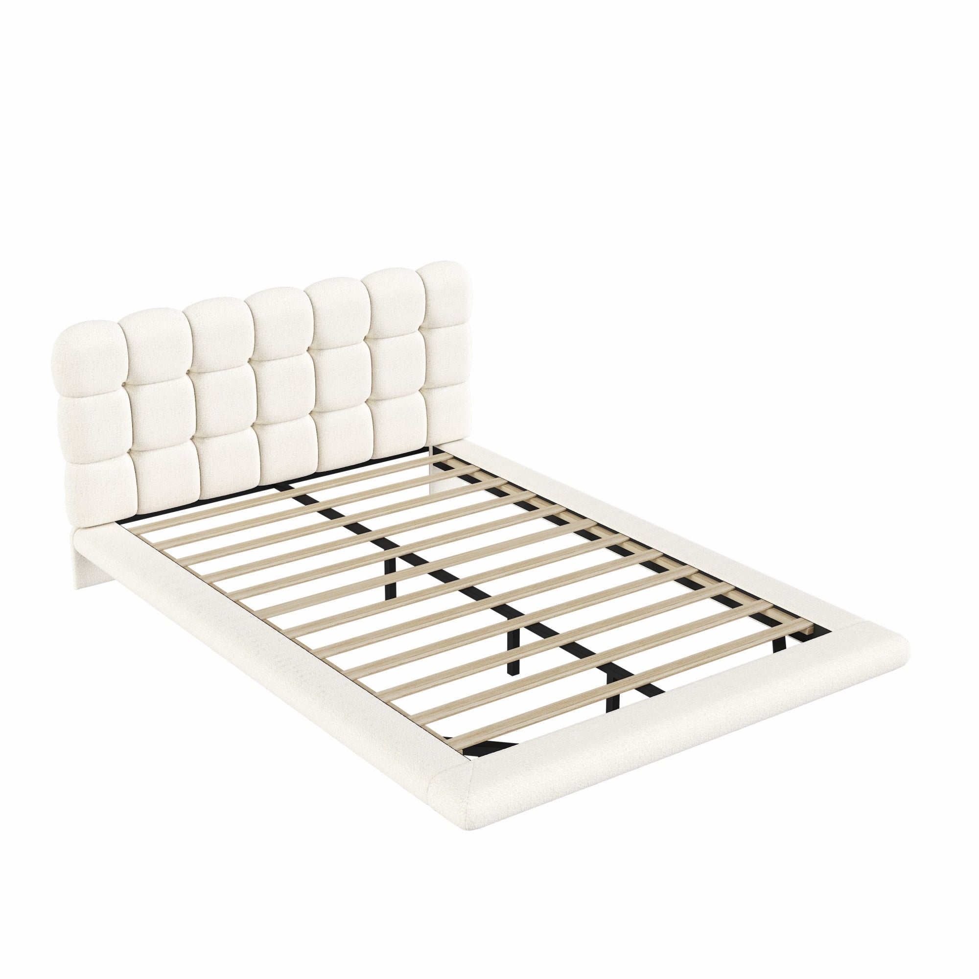 [variant:HS451577AAK] Queen LED Floating Bouclé Platform Bed – Cream White image 18