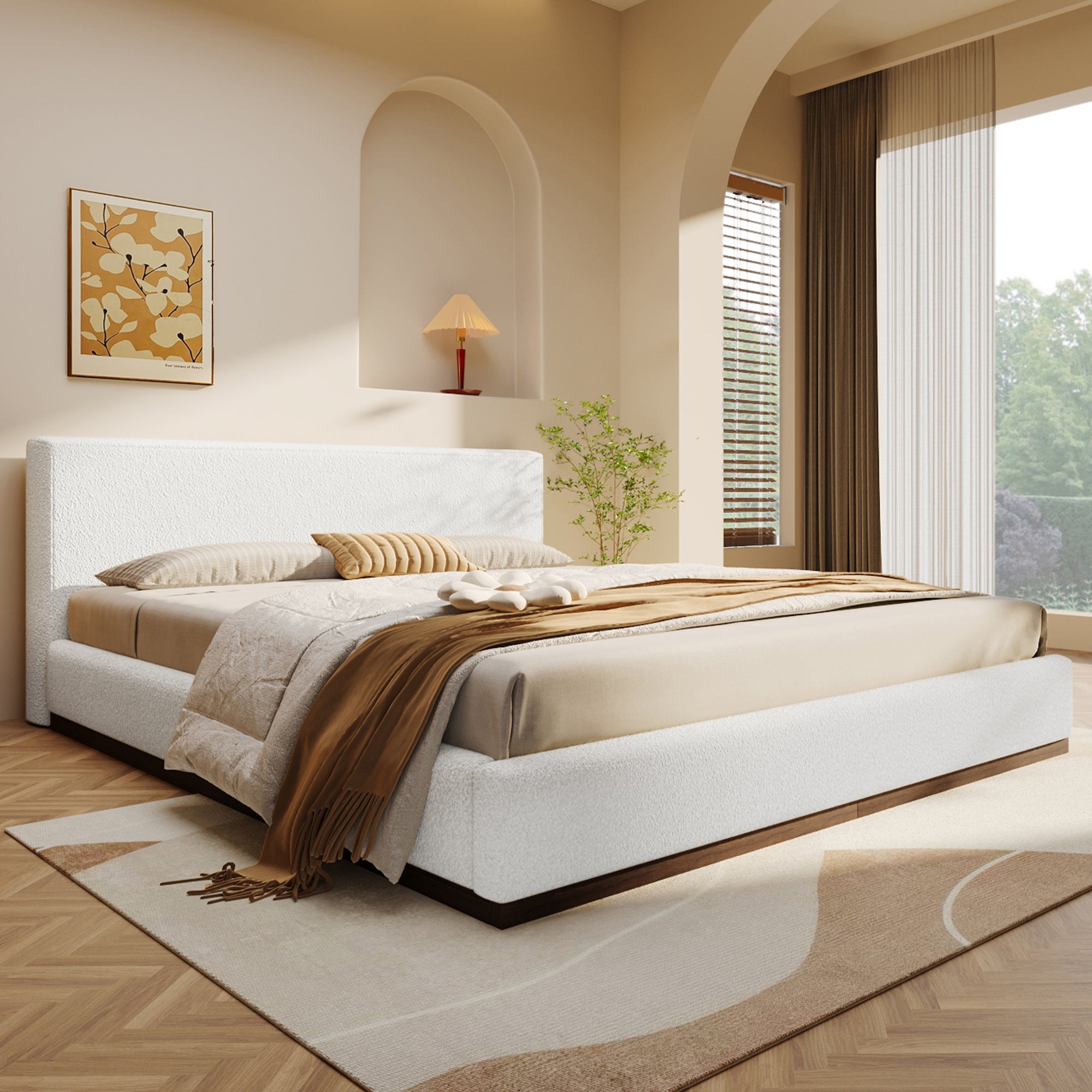 [variant:N891Q440165A] Queen Bouclé Platform Bed with Solid Wood Base – White image 2