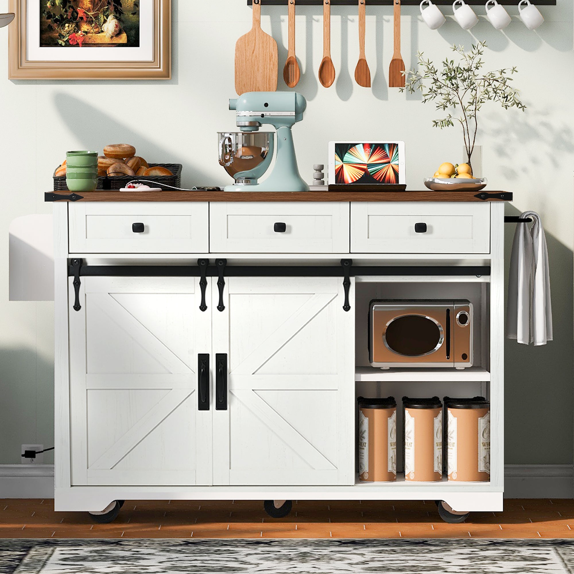 [variant:N853S379573W] Farmhouse Kitchen Island with Drop Leaf, Power Outlet and Sliding Barn Doors – 53.75-Inch image 24