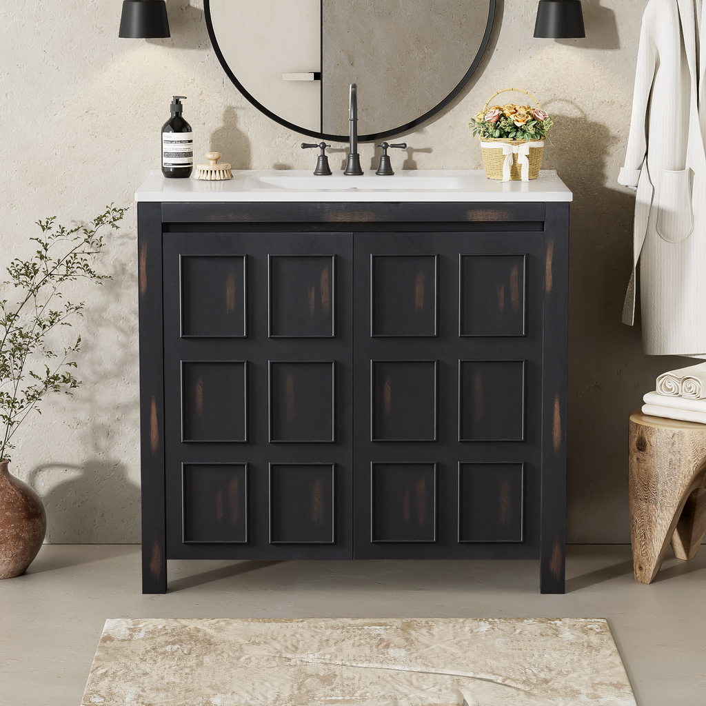 [variant:N729P255666P] Vintage Espresso Bathroom Vanity with Ceramic Sink – 36/72-Inch image 1