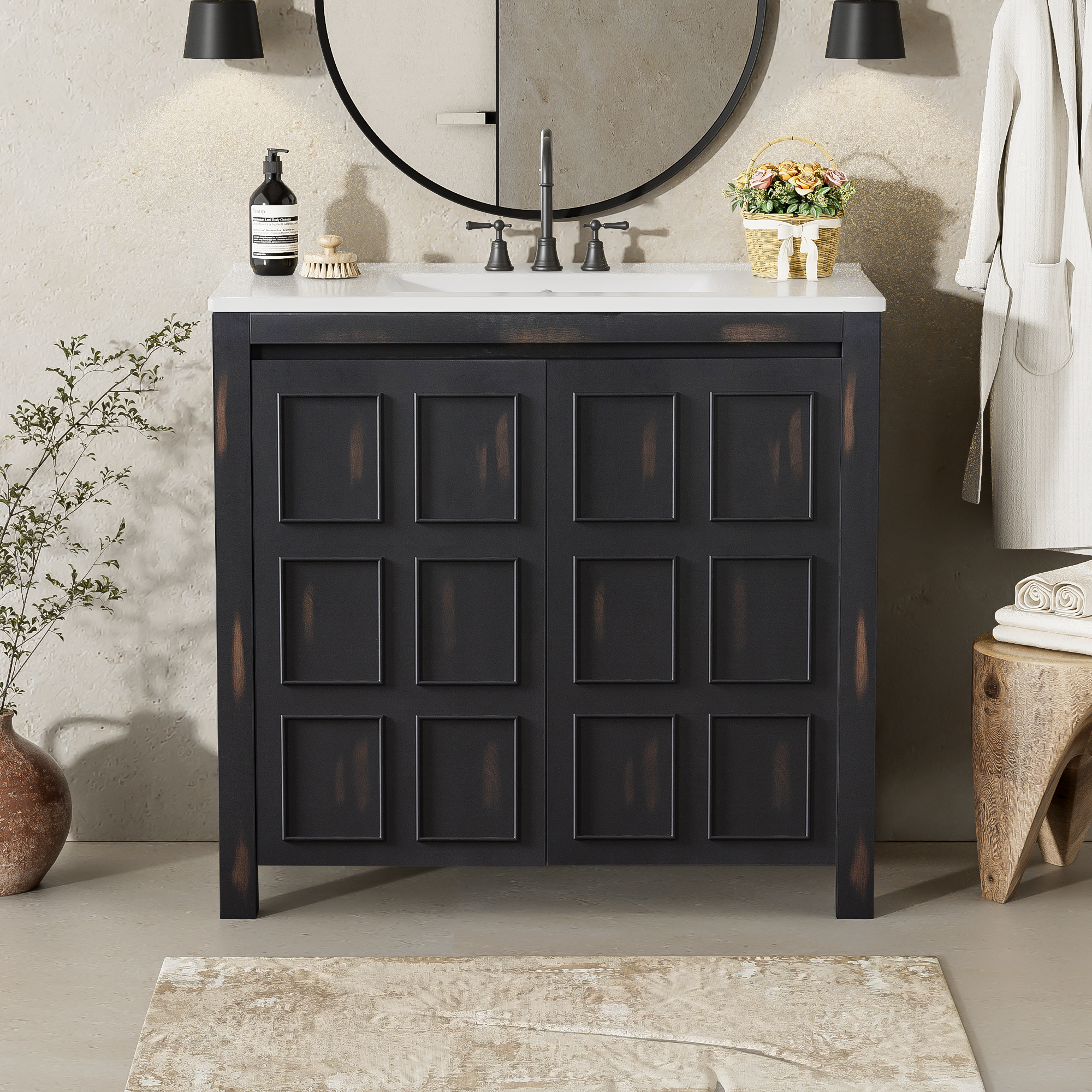 [variant:N729P255666P] Vintage Espresso Bathroom Vanity with Ceramic Sink – 36/72-Inch image 1