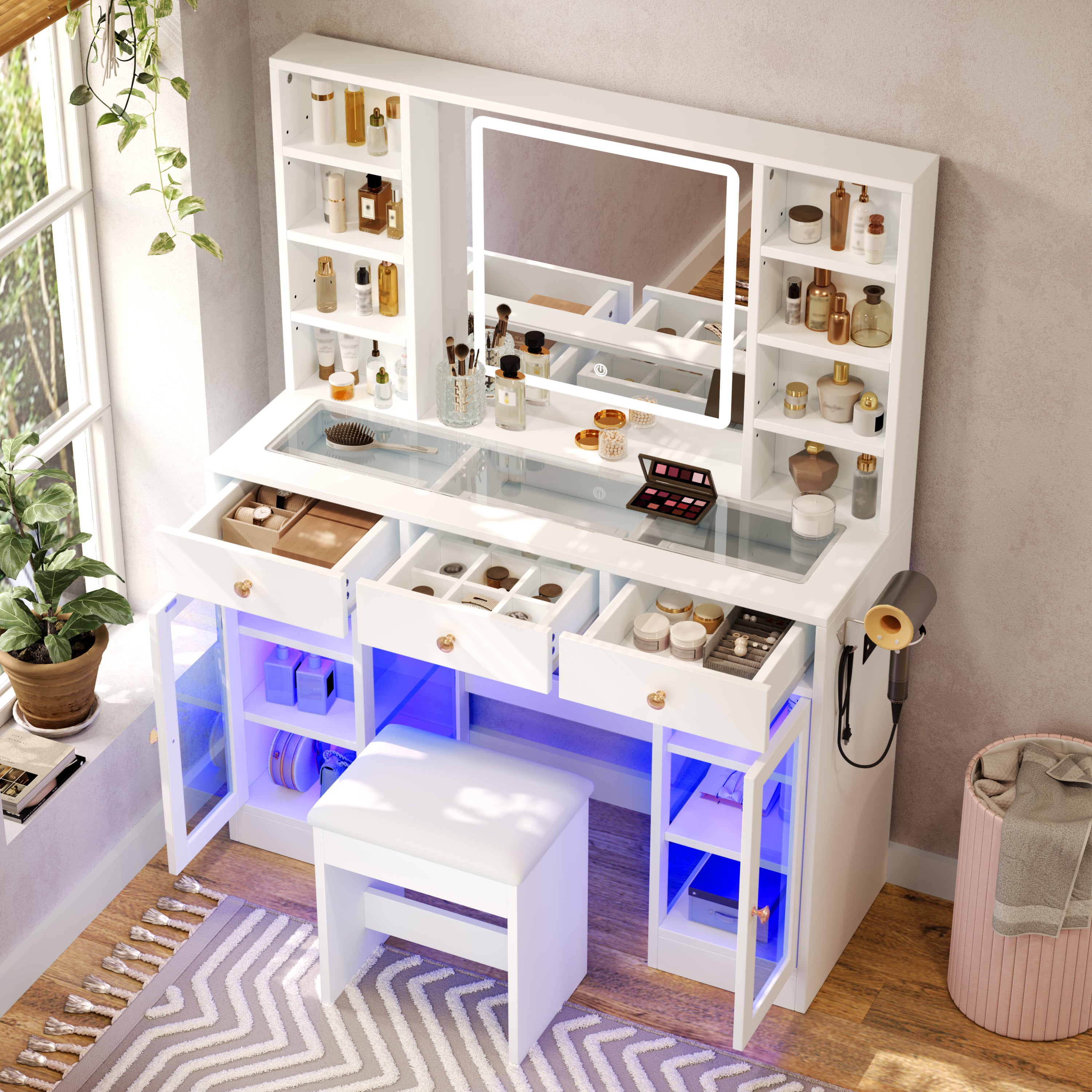 [variant:N881S436339W] Makeup Vanity with RGB Mirror and Power Outlet – 43-Inch image 11