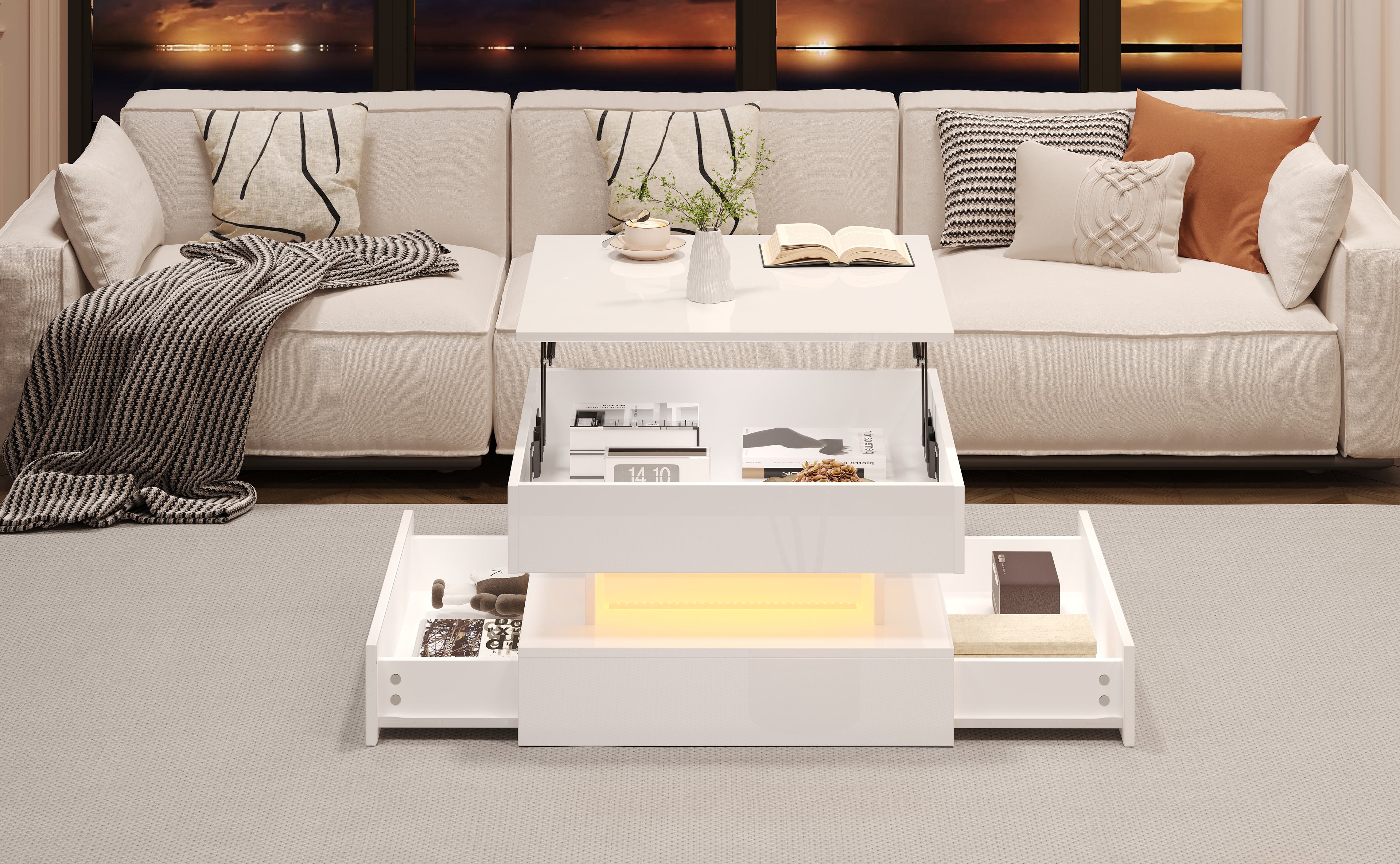 [variant:N892P407973W] White Lift-Top LED Coffee Table with 2 Drawers image 5