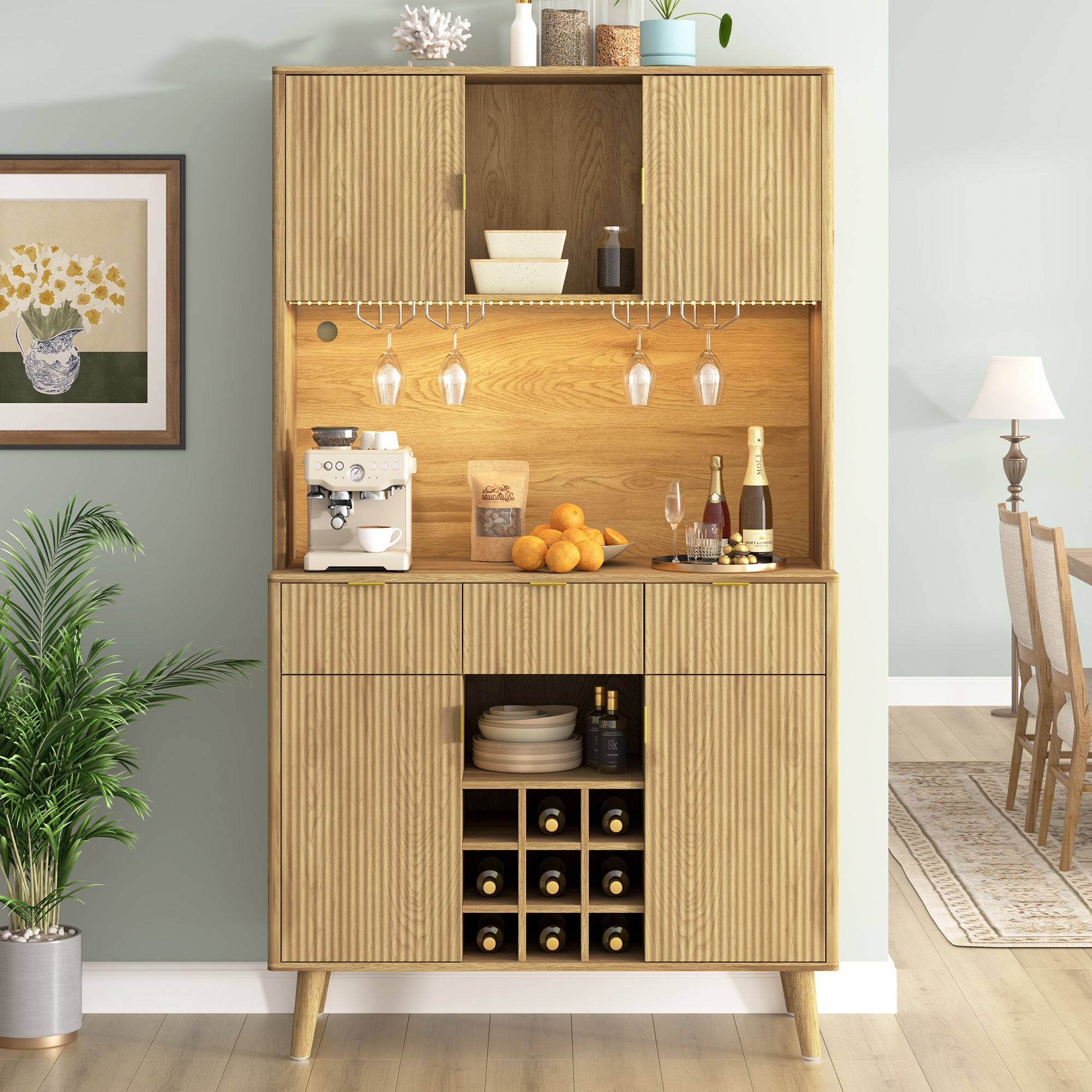 [variant:WT000002AAO] Tall Bar Cabinet with Outlet, LED Light and Wine Rack – Natural image 1