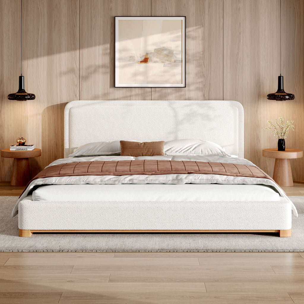 [variant:N859K000012W] King Bouclé Platform Bed with Curved Headboard – White image 4